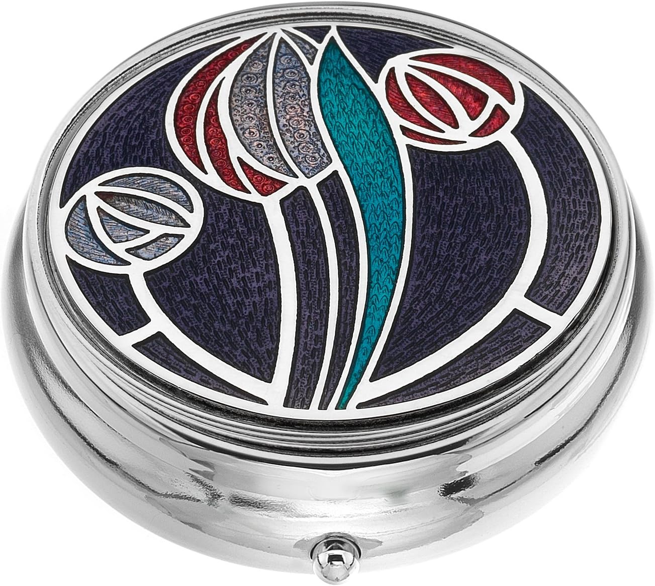 Really Nice Large Pill Box - 3 Compartment - RENNIE MACKINTOSH Tulip & Rose Design - Enamelled Pewterware - Pink/Lilac on Purple - 5cm