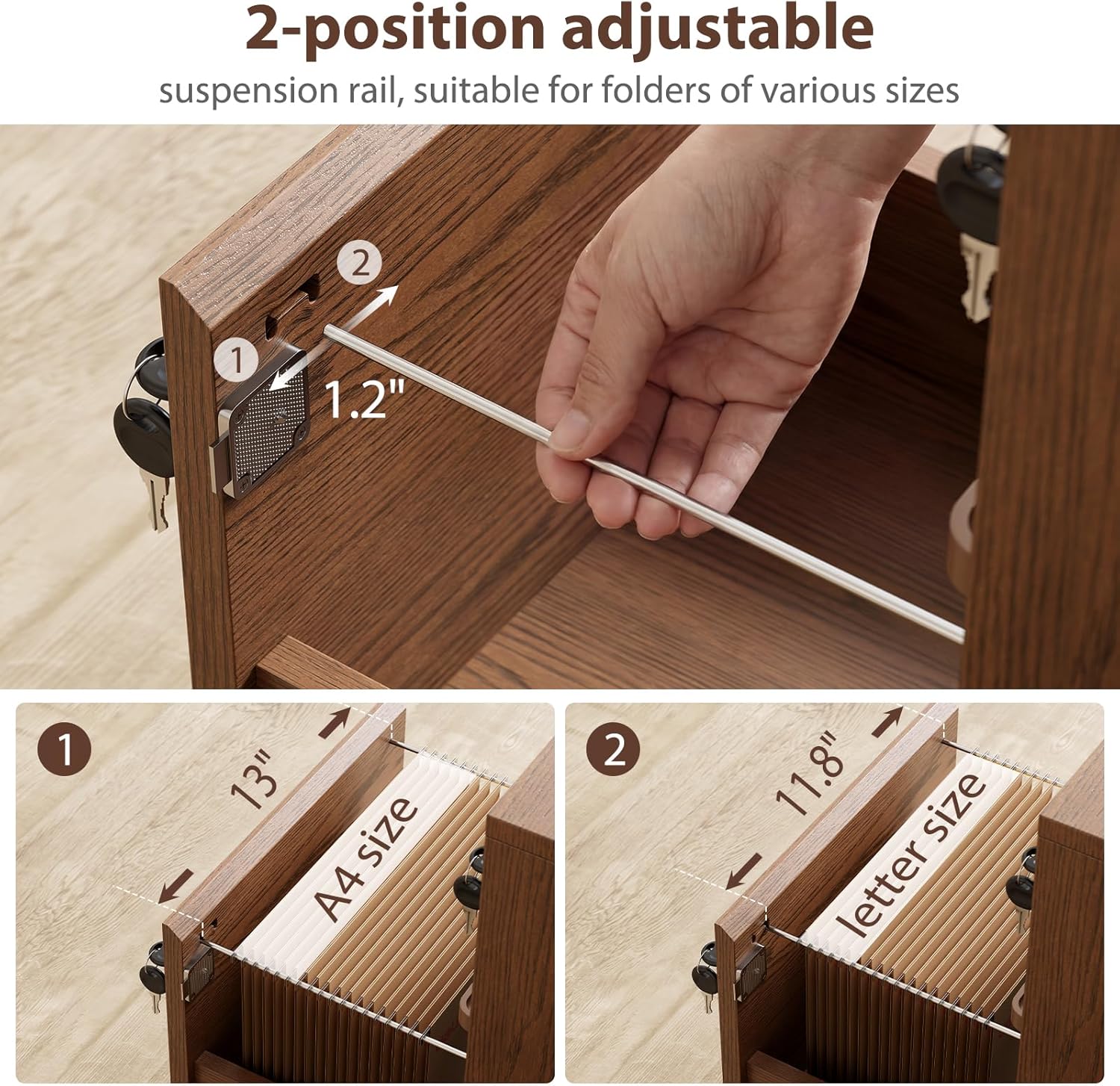 KungFuWood Wheeled Double-Drawer Filing Cabinet, Lockable Metal Filing Cabinet, Suitable for Home Offices or Storage cupboards for Storing Legal documents or Letter-Sized Files.