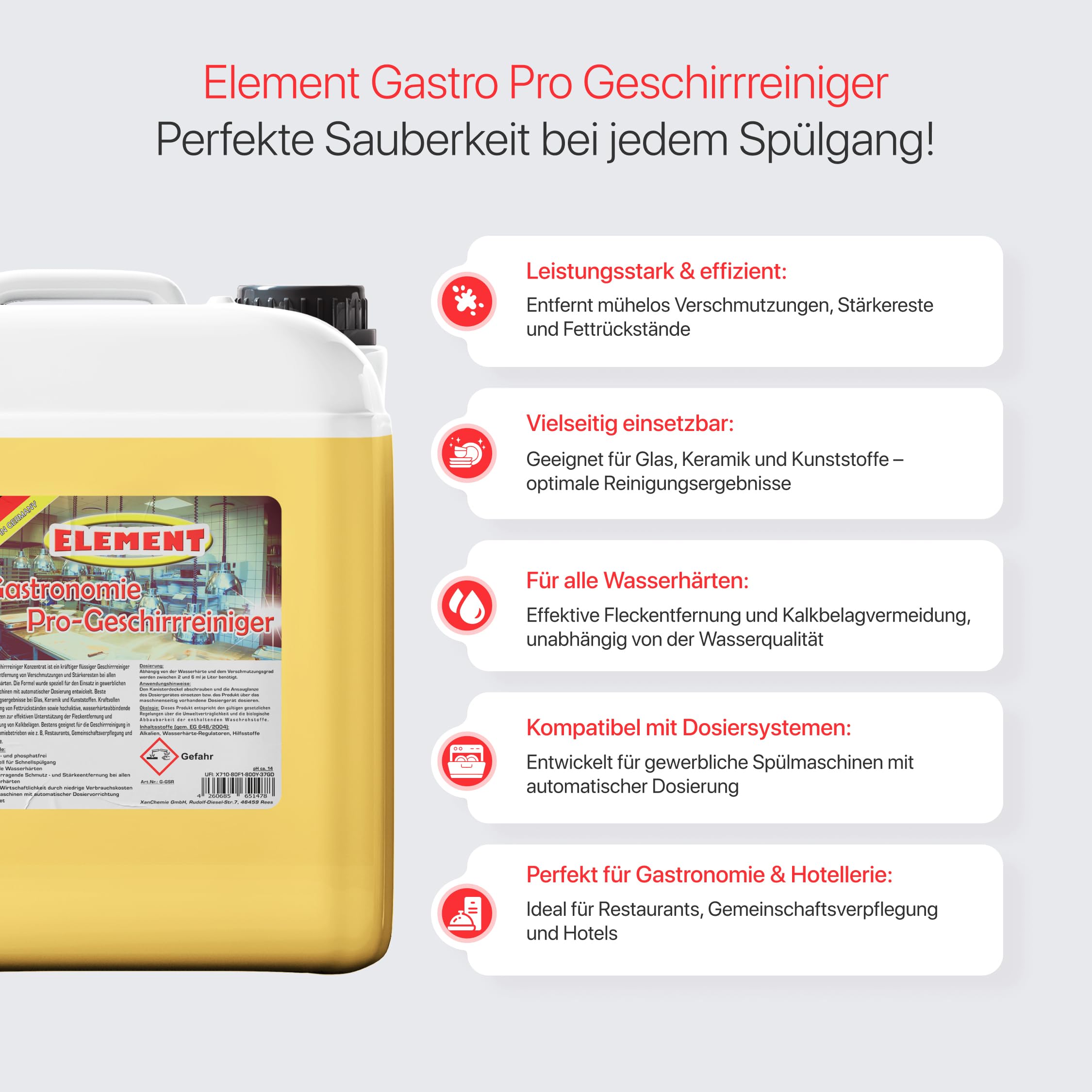 Element Geschirrreiniger für gewerbliche Spülmaschinen flüssig 10 Liter | Maschinenspülmittel Profi 10L | SET 2 Kanister a 5 Liter | Geschirrreiniger ohne Chlor | Geschirrspülmittel Gastro |