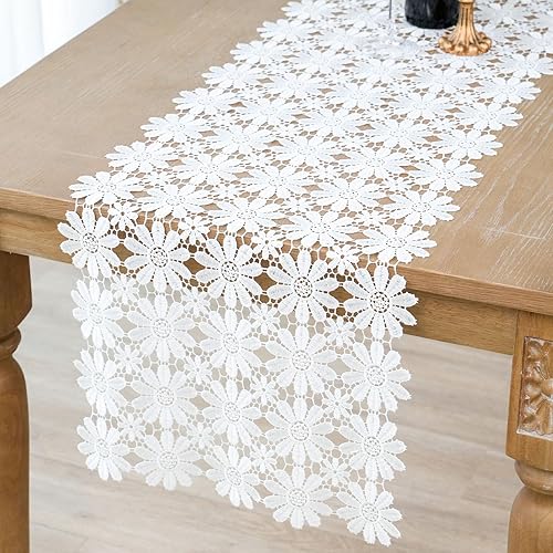 Miniatura 7 de OOKSEN Camino de mesa de encaje, camino de mesa blanco bordado, caminos de tocador de encaje para dormitorio, camino de encaje de macramé, caminos