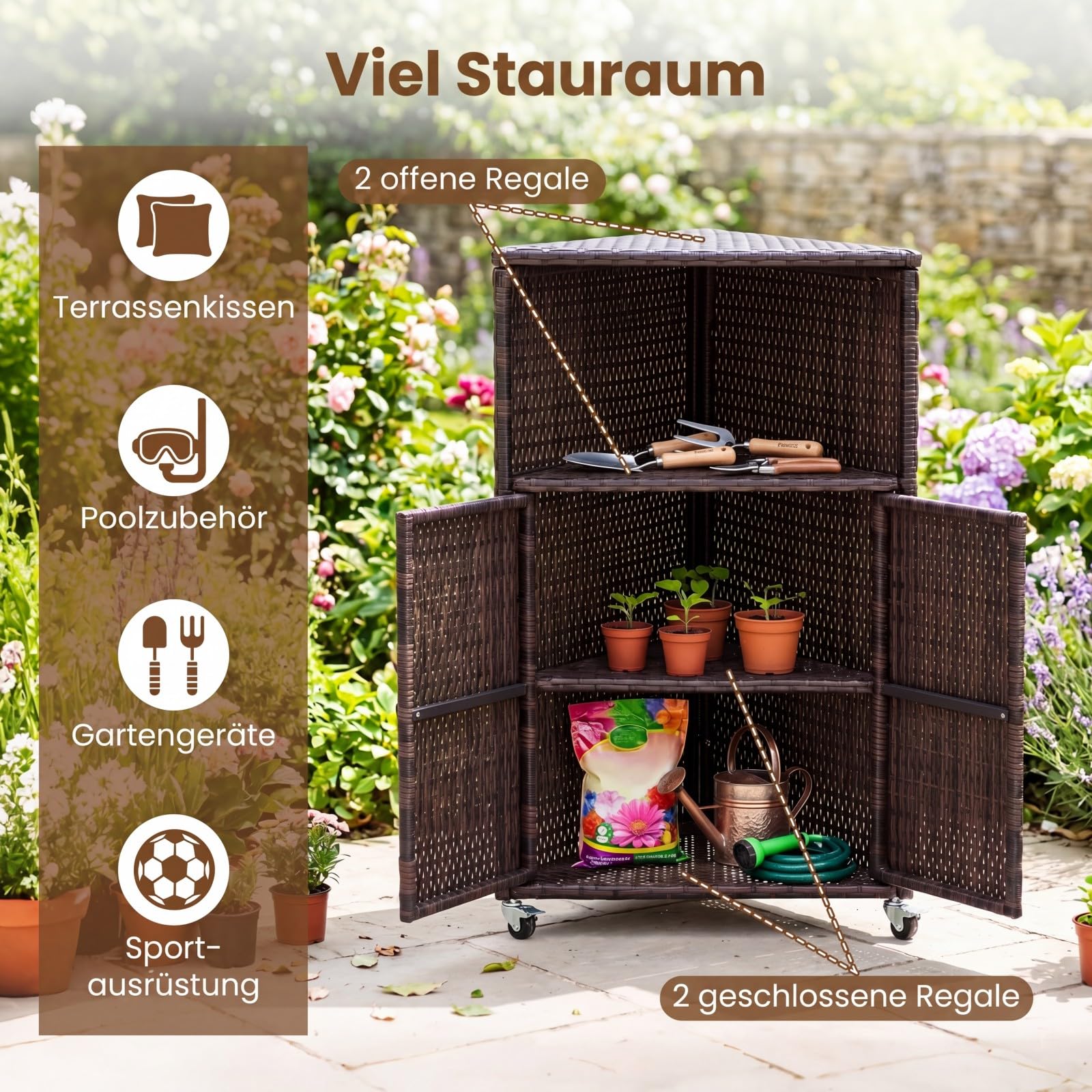 COSTWAY Gartenschrank Rattan Ecke, Terrassenschrank mit Rollen, offenem Fach und Doppeltür, Outdoor Aufbewahrungsschrank, Eckschrank für Garten, Terrasse, Balkon, 66 x 47 x 111 cm