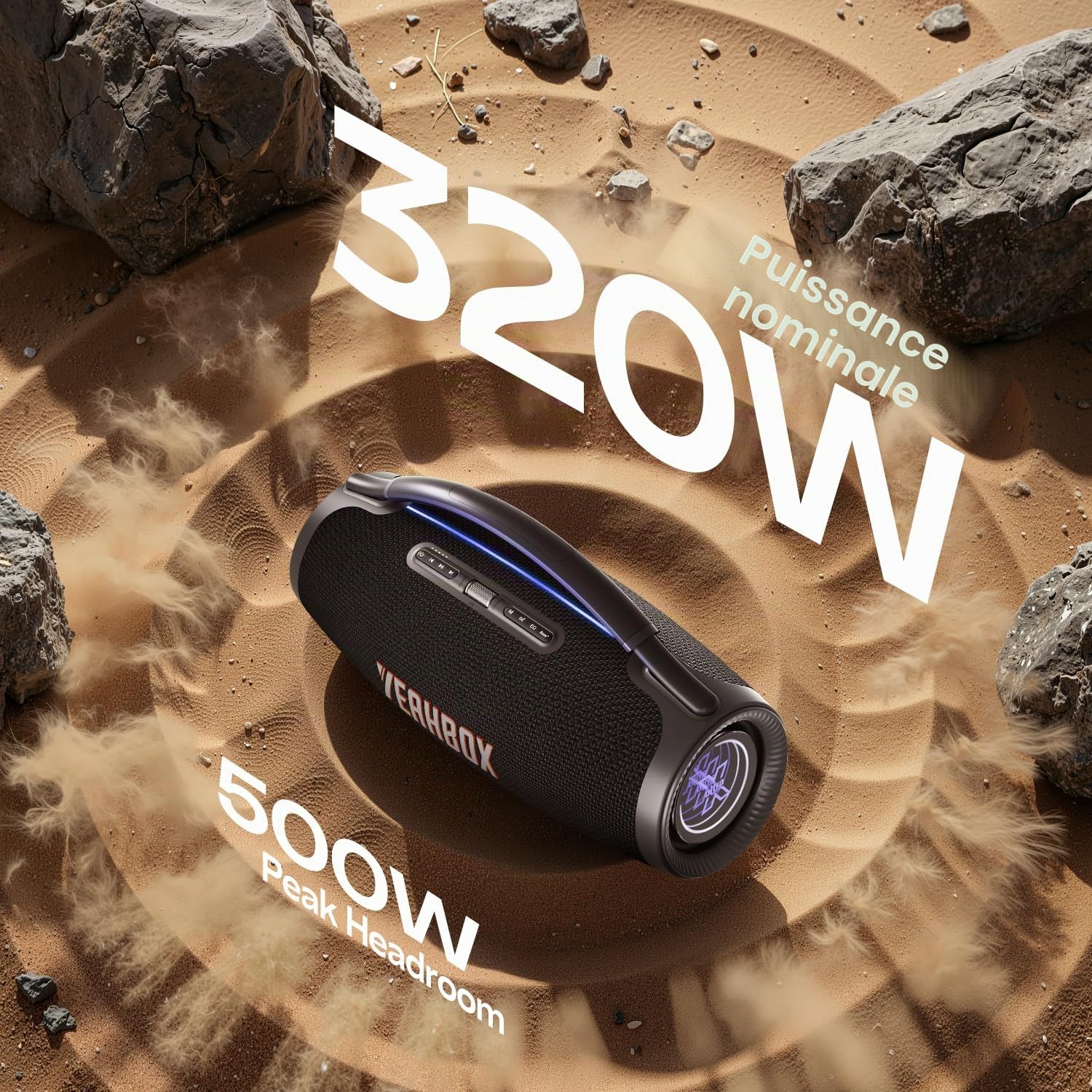 YEAHBOX Sonic Boom Ultra Enceinte Bluetooth 300W RMS / 500W Peak, Enceinte Party avec Subwoofer, 3 Voies 5 Haut-Parleurs, HDMI Arc TV, TWS Stéréo, Lumières RGB, Intérieur & Extérieur (Noir)