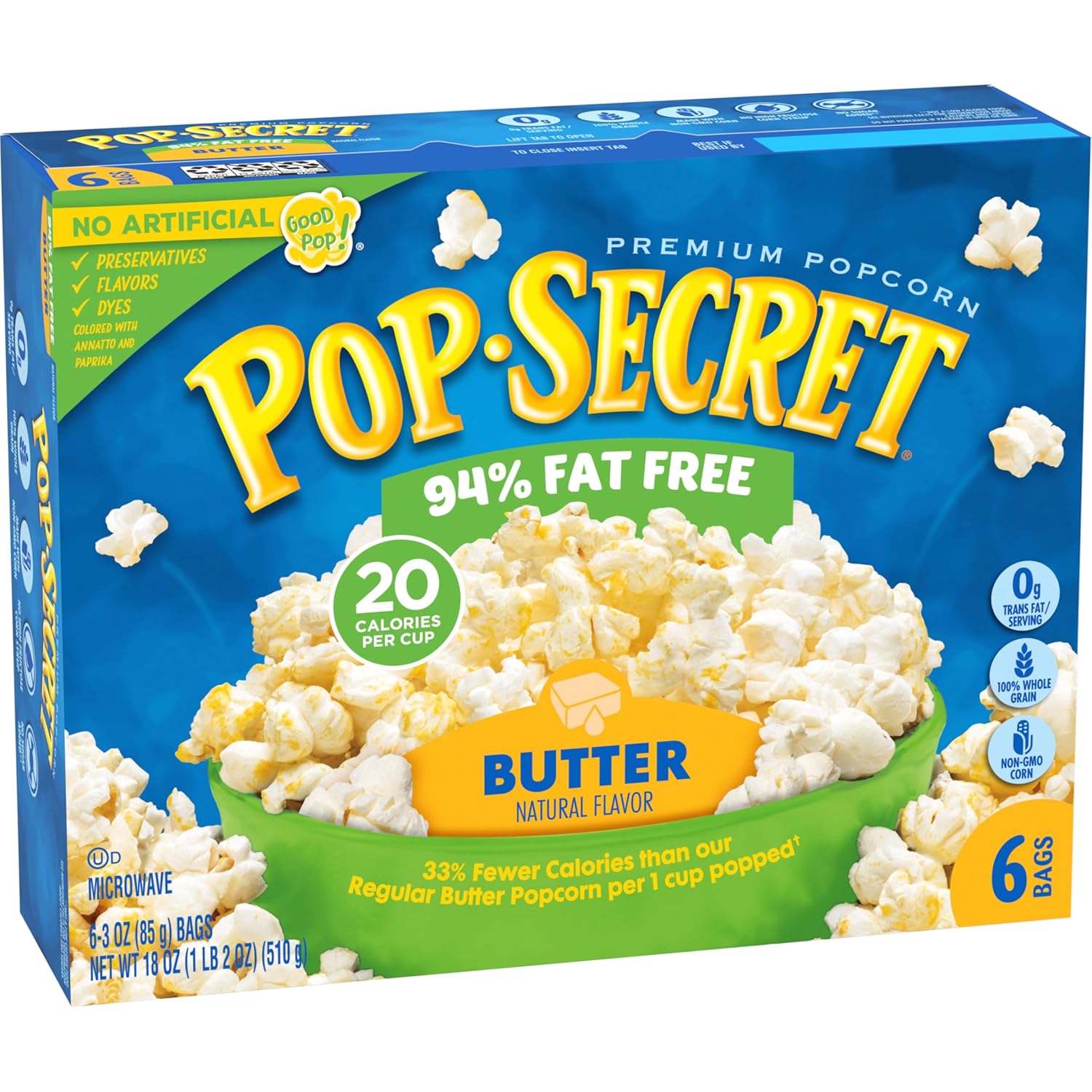 Pop Secret 94% Fat Free Butter Popcorn, 6 Count Boxes (Pack of 6)