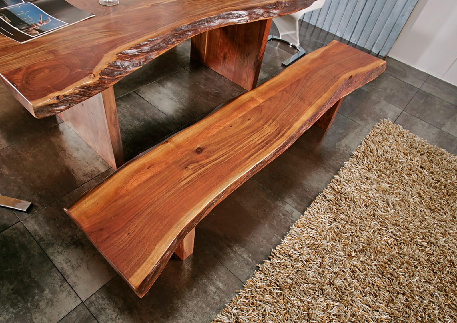 Banc 235x38cm Bois Massif d'Acacia Laqué Noisette Design Naturel Freeform