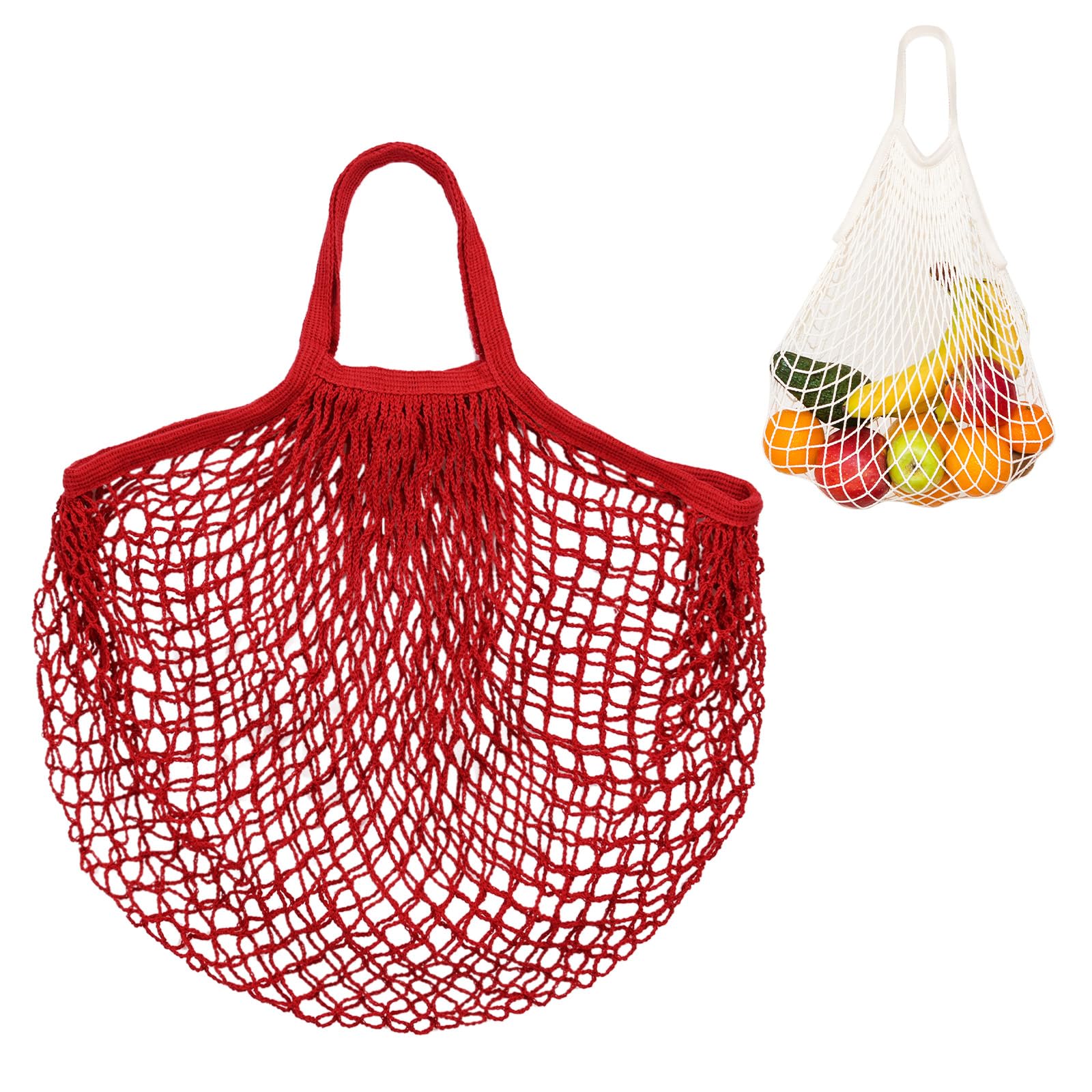 M METERXITY 1-Pack Cotton Mesh Bag, Reusable Washable Mesh Net String Grocery Bags, Reusable Produce Bags with Handle, Net Tote Bag for Fruits/Vegetables Shopping [Red, Short Handle]