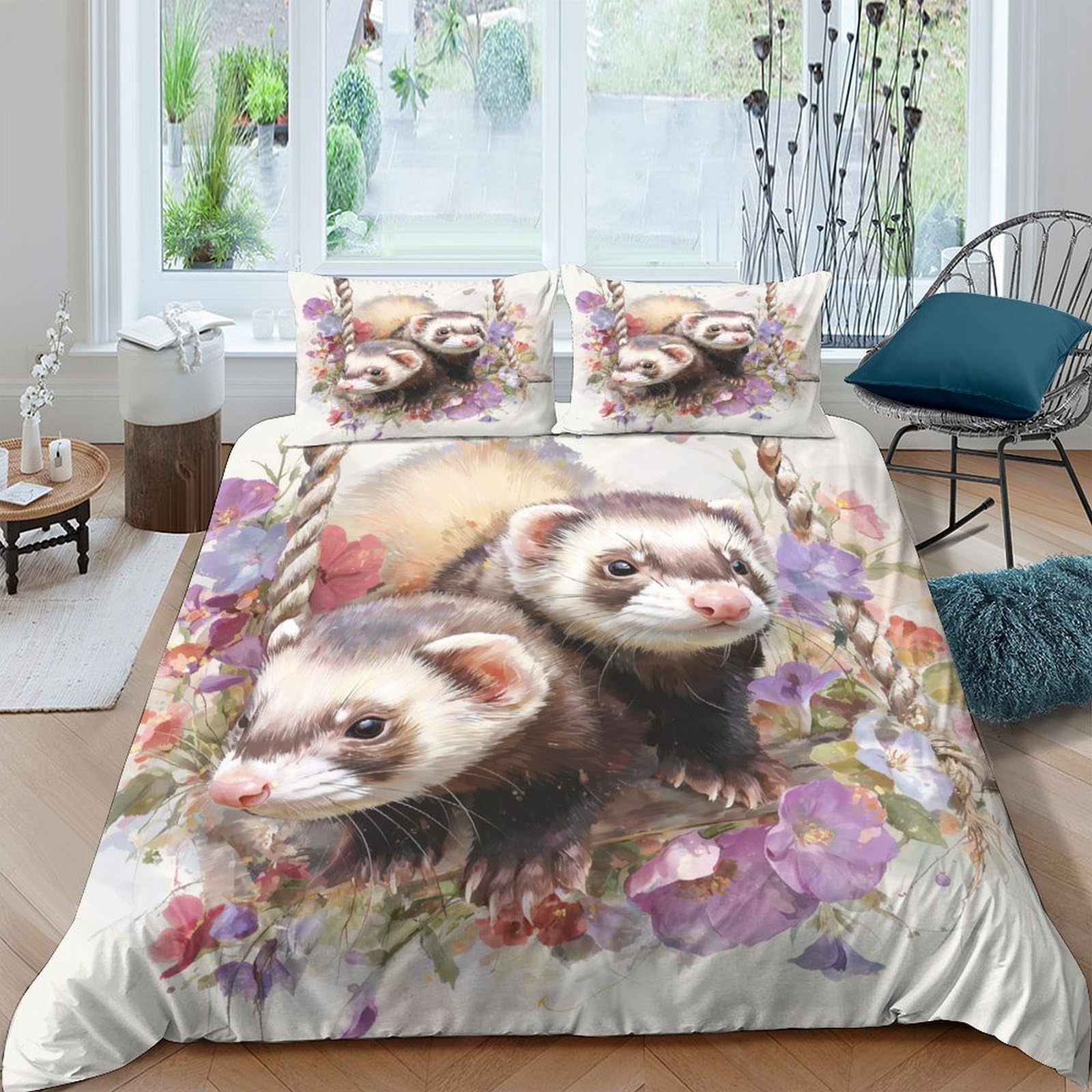 GPLZQXKJNH 3D Printed Ferret Animal Duvet Cover Microfiber Soft Breathable Floral Bedding Set with 2 Pillowcases for Bedroom Decor Single（135x200cm）