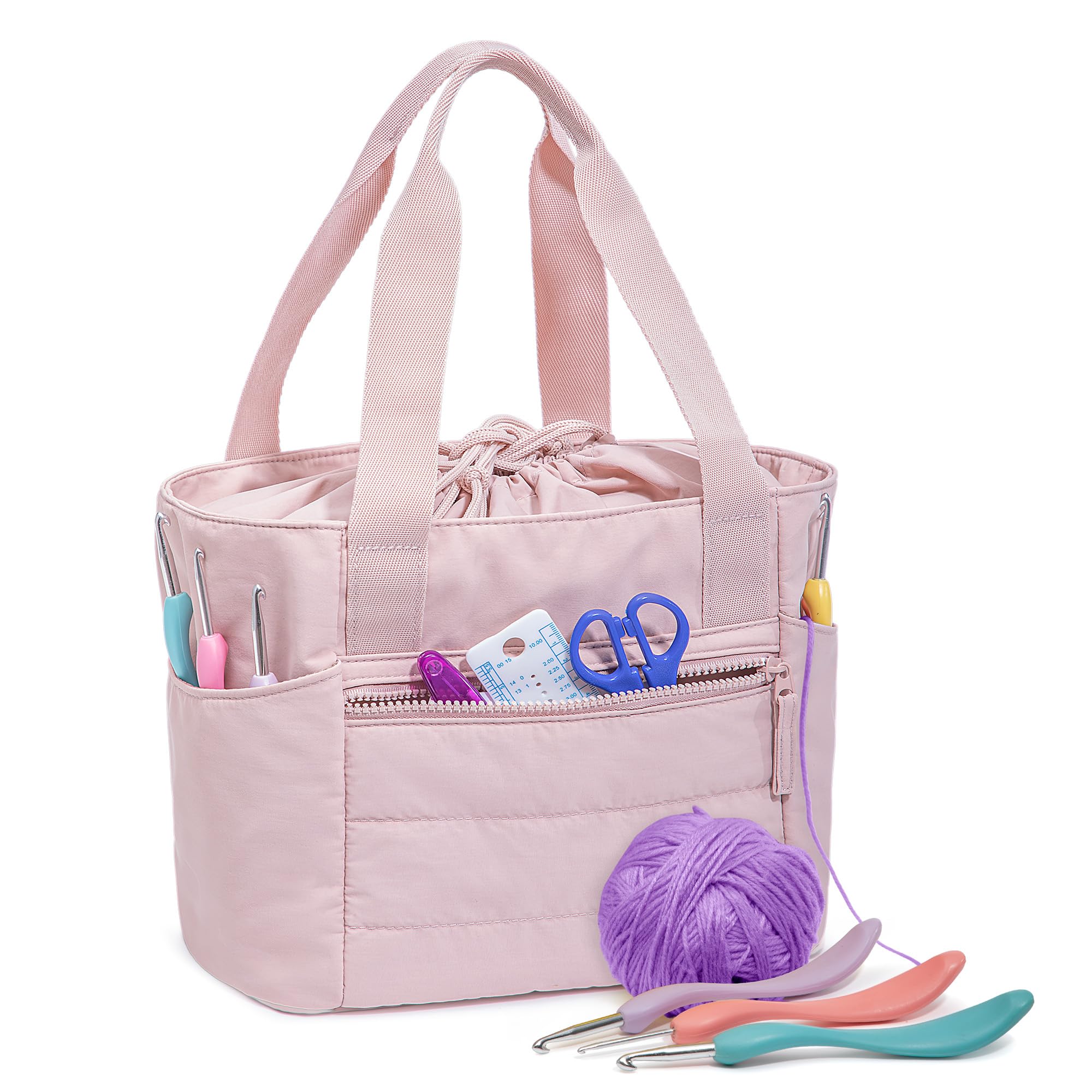 Teamoy Small Knitting Bag Tote, Puffer Yarn Storage Bag, Drawstring Crochet Bag Organizer for Yarn Skeins and Crocheting Supplies, Pink