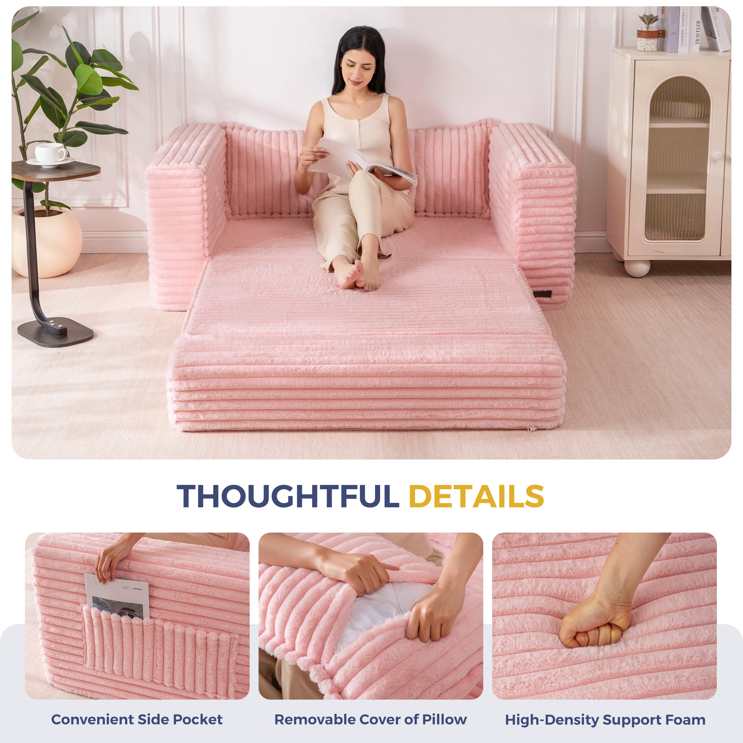 MAXYOYO Convertible Sofa Bed, Pull-Out Loveseat Couch Bed for Small Space | 2 in 1 Folding Couch Bed with Large Back Pillow, Plush Faux Fabric Lounge Couch for Living Room, Apartment, Pink