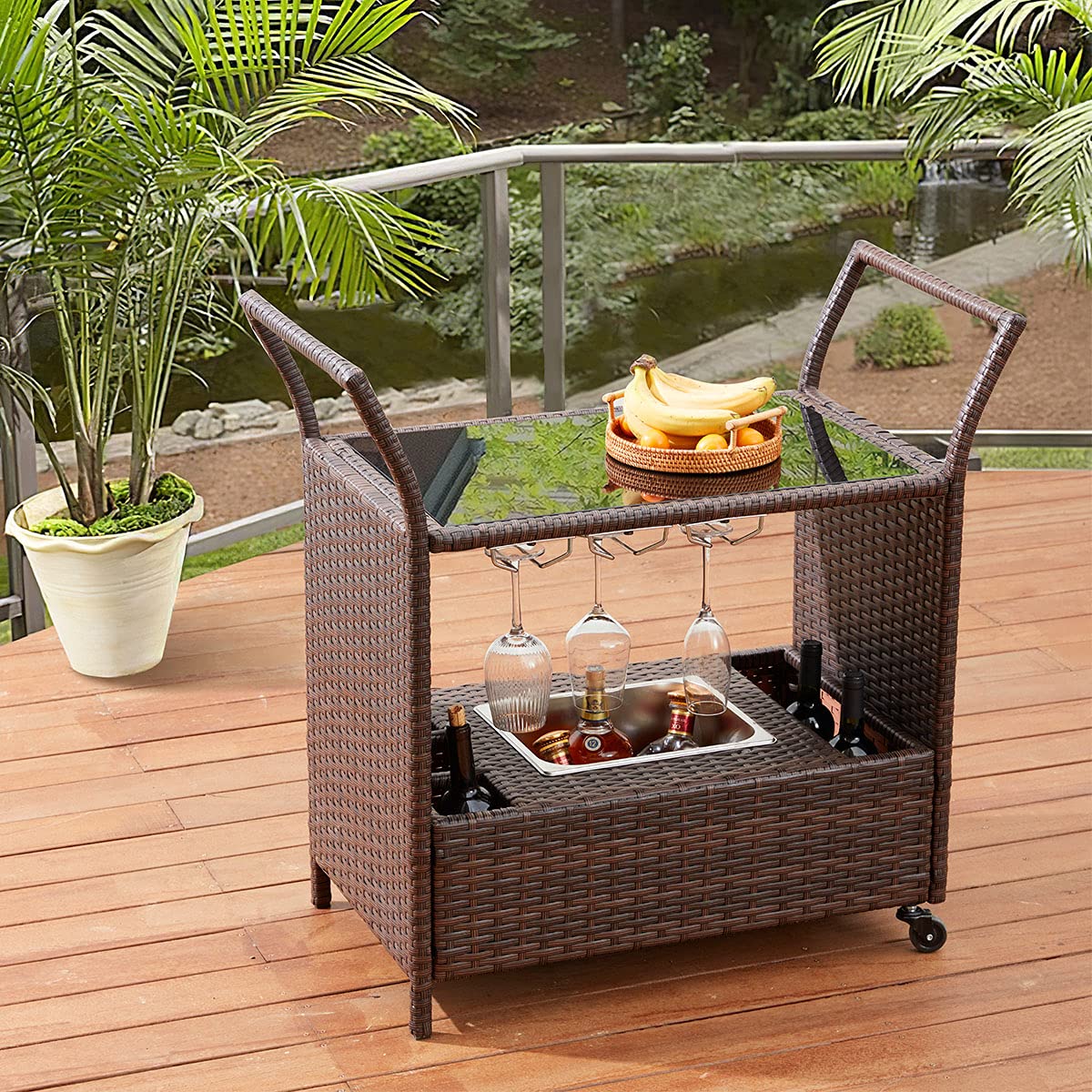 Amazon.com: DNYKER Outdoor Wicker Bar Cart on Wheels,Patio Wine  display picture 1