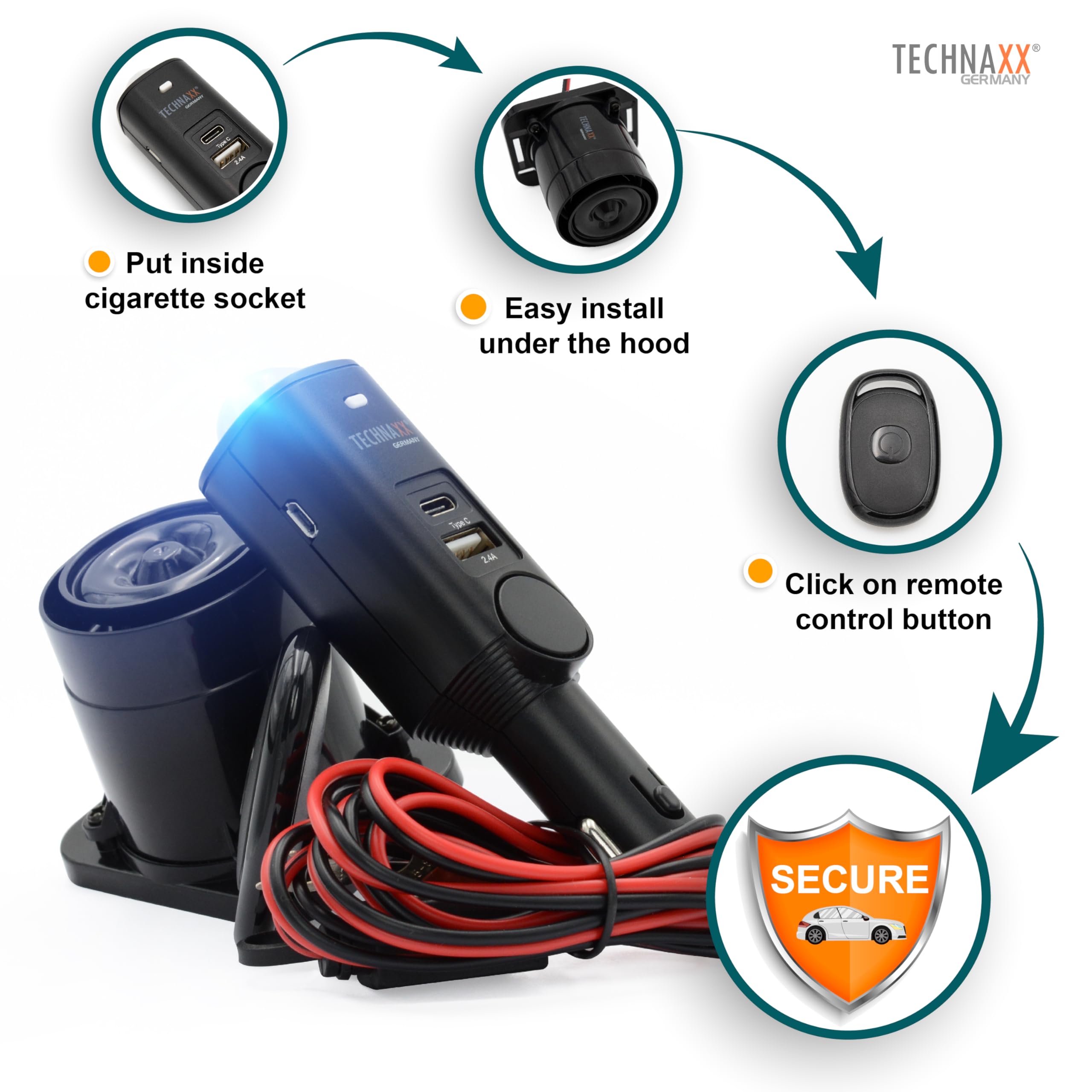 Sistema de alarma Technaxx para coches, furgonetas, vehículos, hogares con sensor de movimiento PIR, sirena externa 105 dB, 2 USB - ~7 días de tiempo de trabajo - Alarma seguridad para coches TX-168