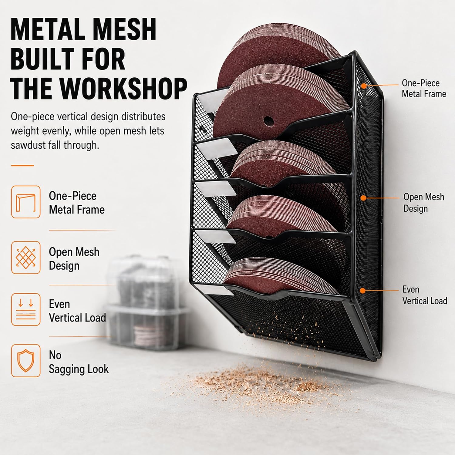 Sandpaper Organizer for 5 & 6 Inch Sanding Discs, 5-Slot Metal Mesh Vertical Sanding Disc Storage Holder, 150 Discs Capacity, Wall Mount, Grit Labels Included Woodworking Tool (Excluding Sandpaper) image 2