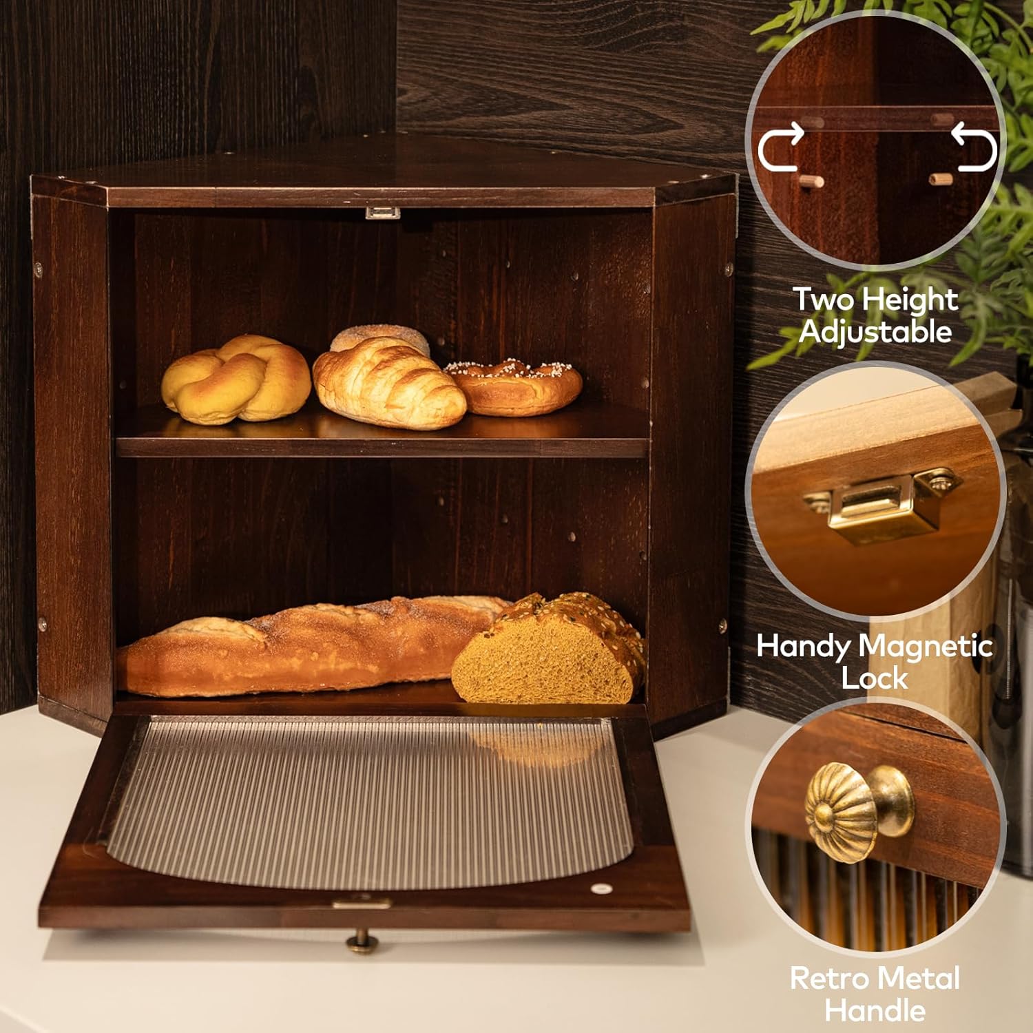 Solid Wood Corner Bread Box for Kitchen Countertop, Large 2-Tier Bread Storage Container for Homemade Bread, Adjustable Shelf & Arched Window, Farmhouse Rustic Corner Breadbox, Brown