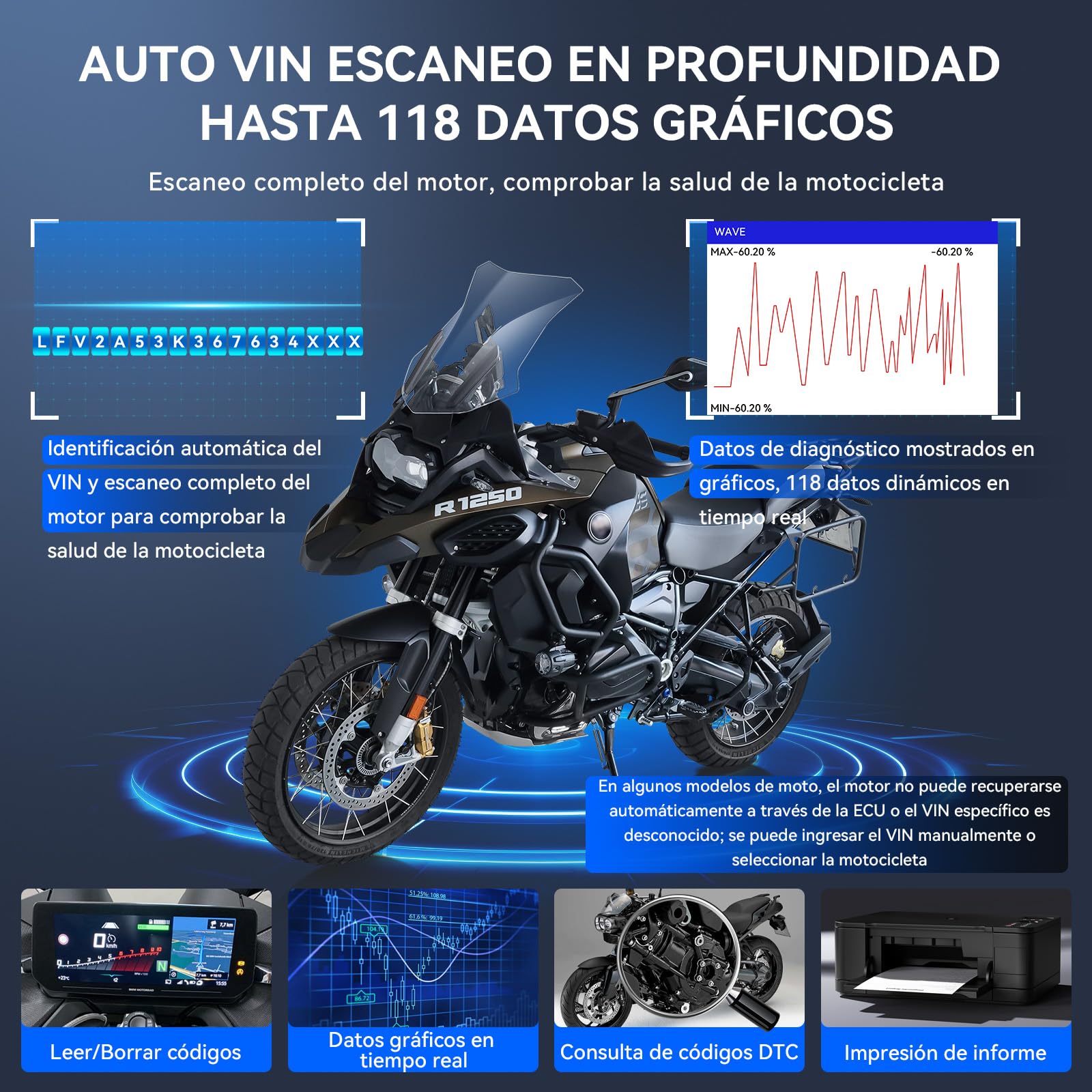 iCarsoft MT V6 para B.M.W Motocicletas, Herramienta Diagnóstico Bidireccional para B.M.W Moto, Lector de Códigos para Moto Completo de Sistemas, OBD2 Escáner con 115 Funciones de Servicio