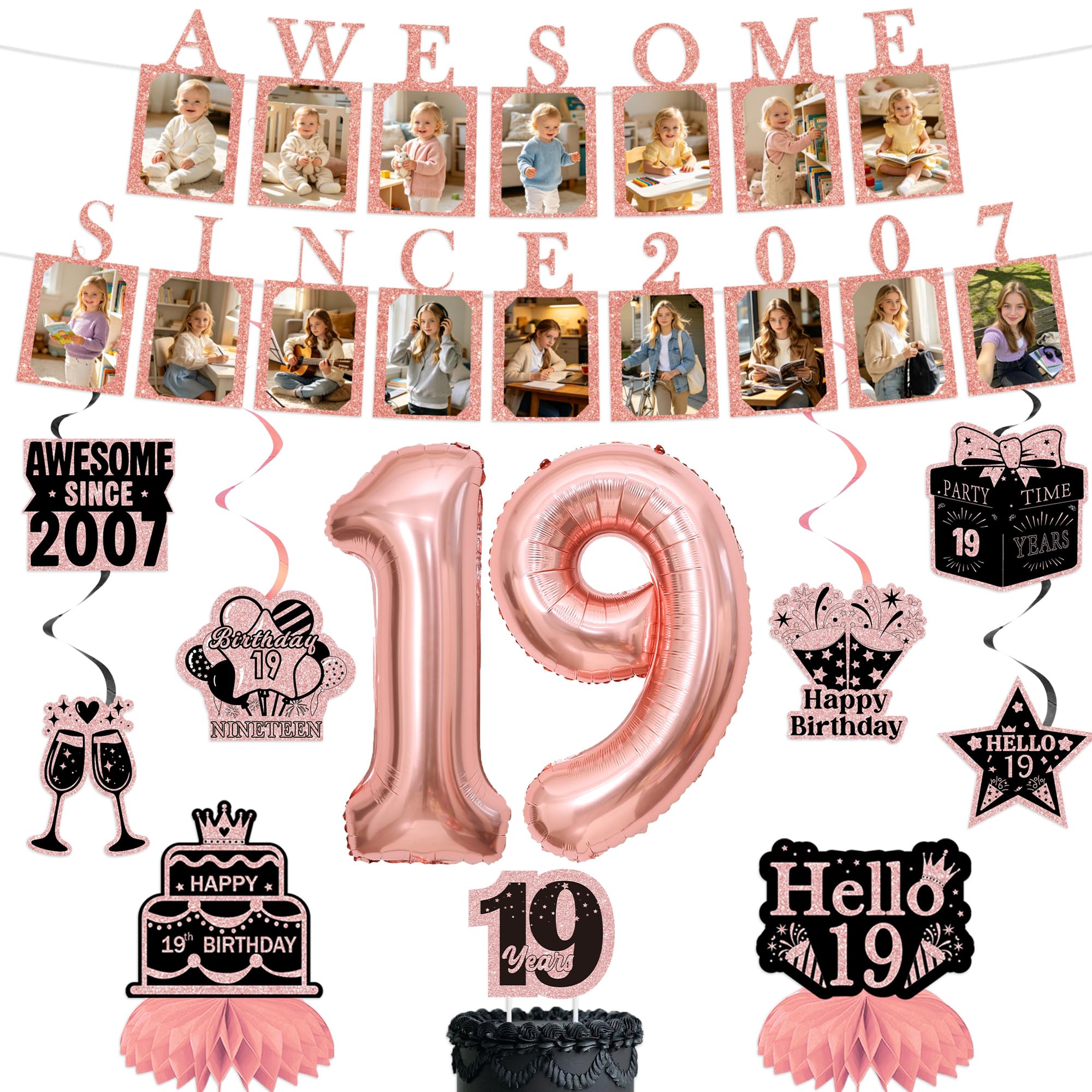19th Birthday Banner Decorations Girls, Awesome Since 2007 Photo Banner