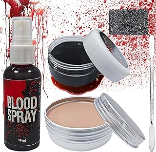 5 Pcs Special Effects Halloween Scar Wax SFX Zombie Makeup Kit,Fake Blood Makeup Spray for Clothes,Skin Wax SFX Makeup Halloween Fake Blood Washable with Sponge & Spatula Tool