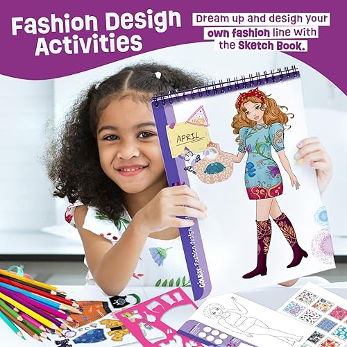 Miniatura 6 de Golray Kits de diseño de moda para niñas de 6, 7, 8, 9, 10 a 12 años, cuaderno de bocetos y lápiz de 18 colores, ropa de muñeca de manualidades para