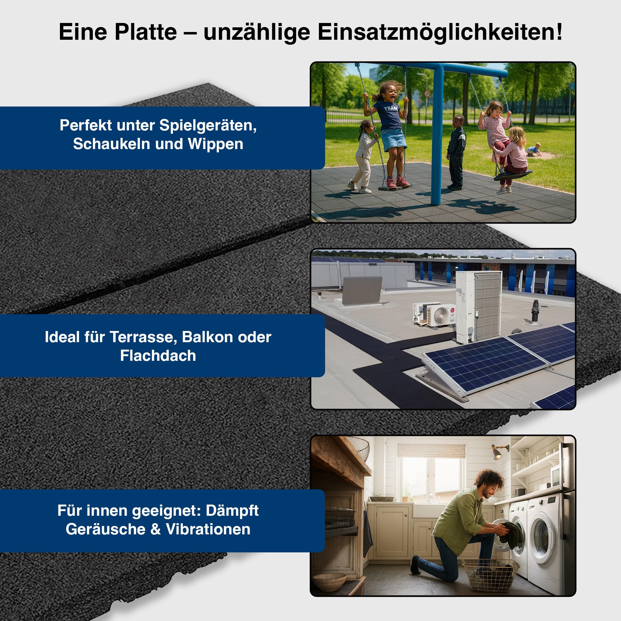 Gummimatte 50x100 cm – Antivibrationsmatte 30 mm – rutschfeste, Wetterbeständige Gummiplatte für Waschmaschine, Flachdach, Balkon, Gehweg & Spielplatz – Schalldämmende Bodenmatte