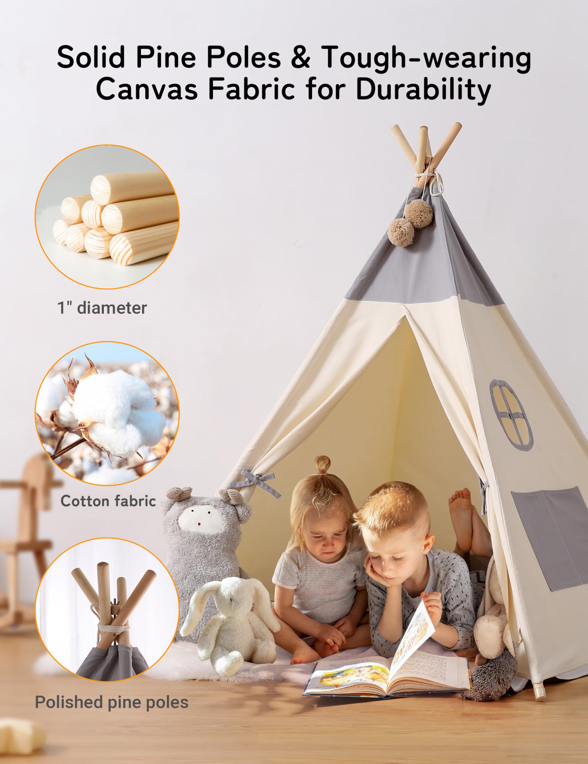 besrey Tenda per Bambini da Gioco in Tela Indiana Teepee in Cotone con Luci Fatate + Grigio Opaco