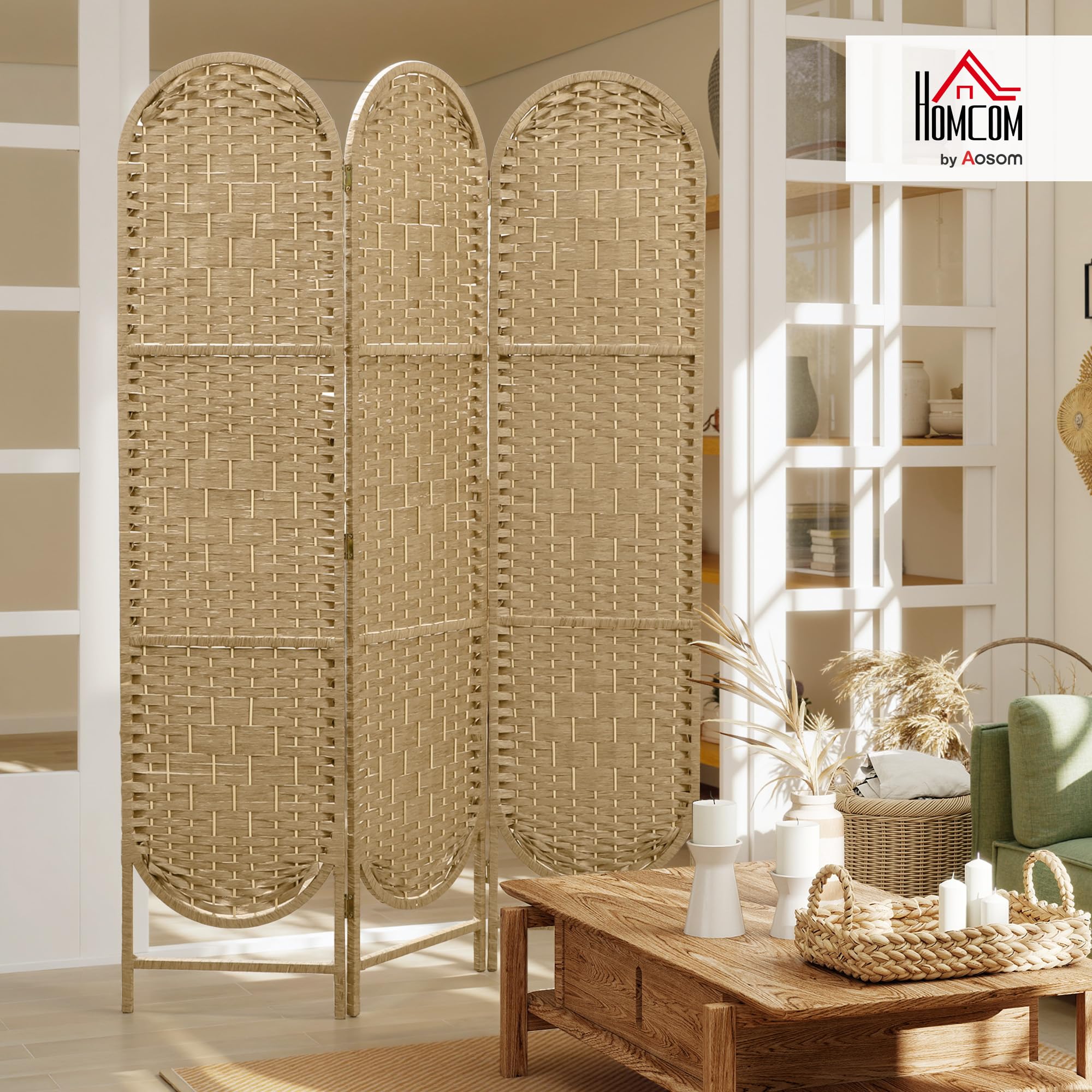 HOMCOM Biombo Separador de Ambientes de 3 Paneles, 120x170 cm, Pantalla de Privacidad Plegable Bohemio, con Parte Superior Arqueada, Tejido a Mano, Divisor Ligero para Oficina, Dormitorio, Natural