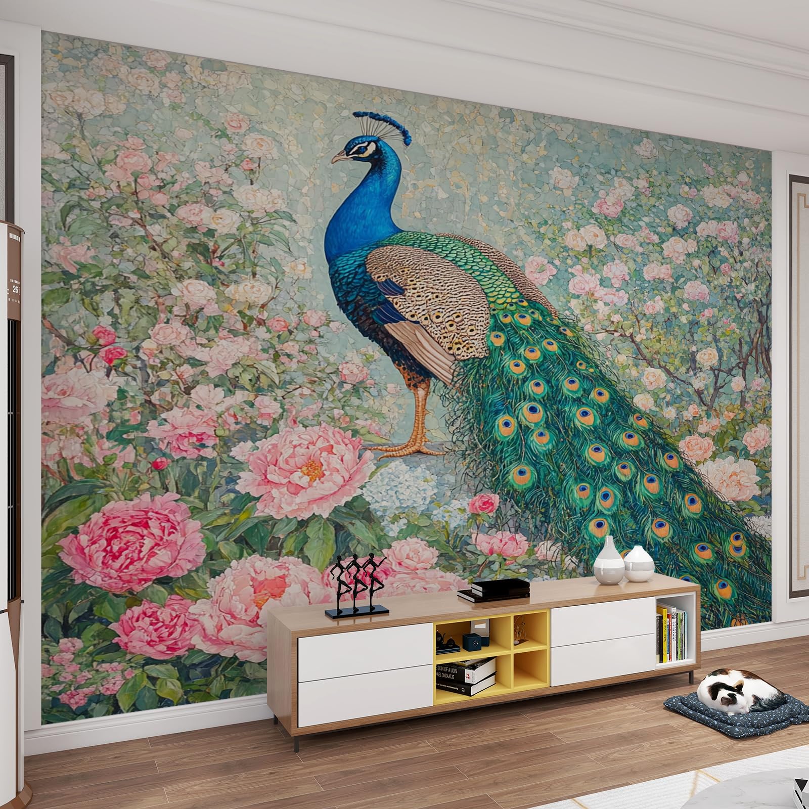 Papier peint motif floral romantique et grand paon vintage 400 x 280 cm