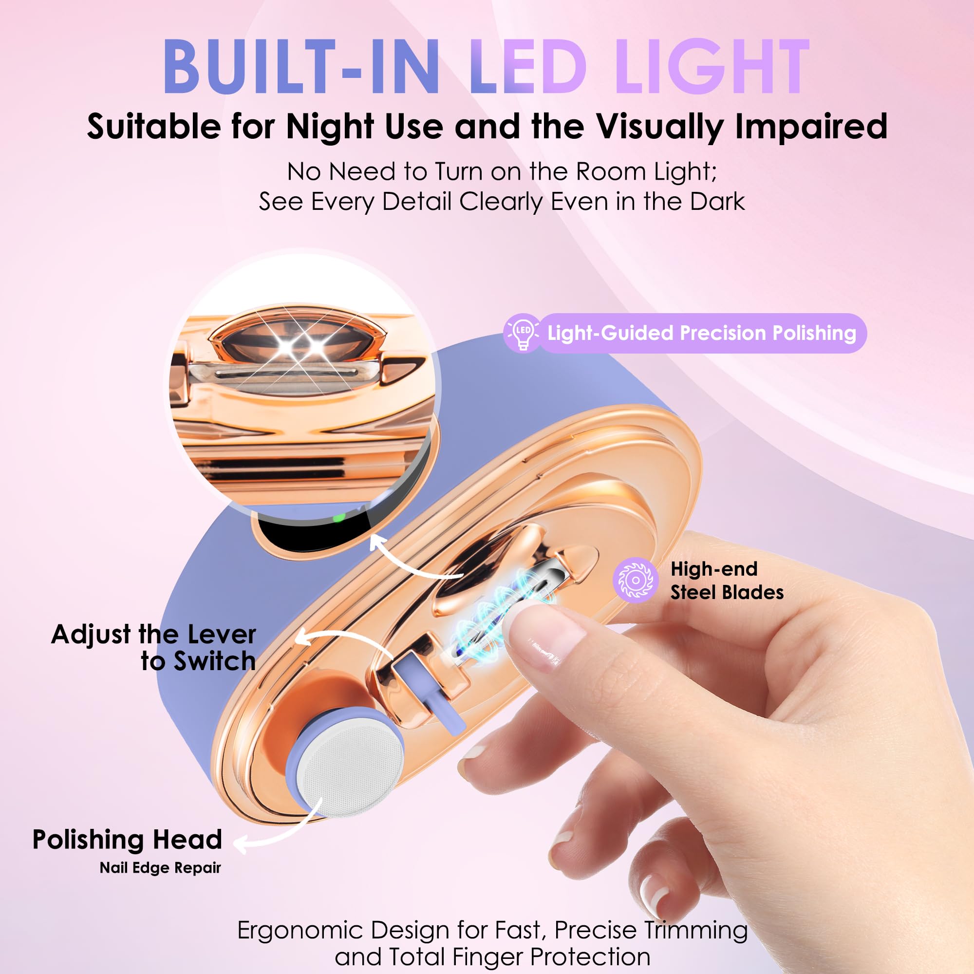 Tagliaunghie elettrico 3 in 1 automatico – con lucidatura, deposito polvere e luce LED, sicuro per anziani, adulti, bambini e neonati, regali per donne, uomini, mamma, bambino, adulto