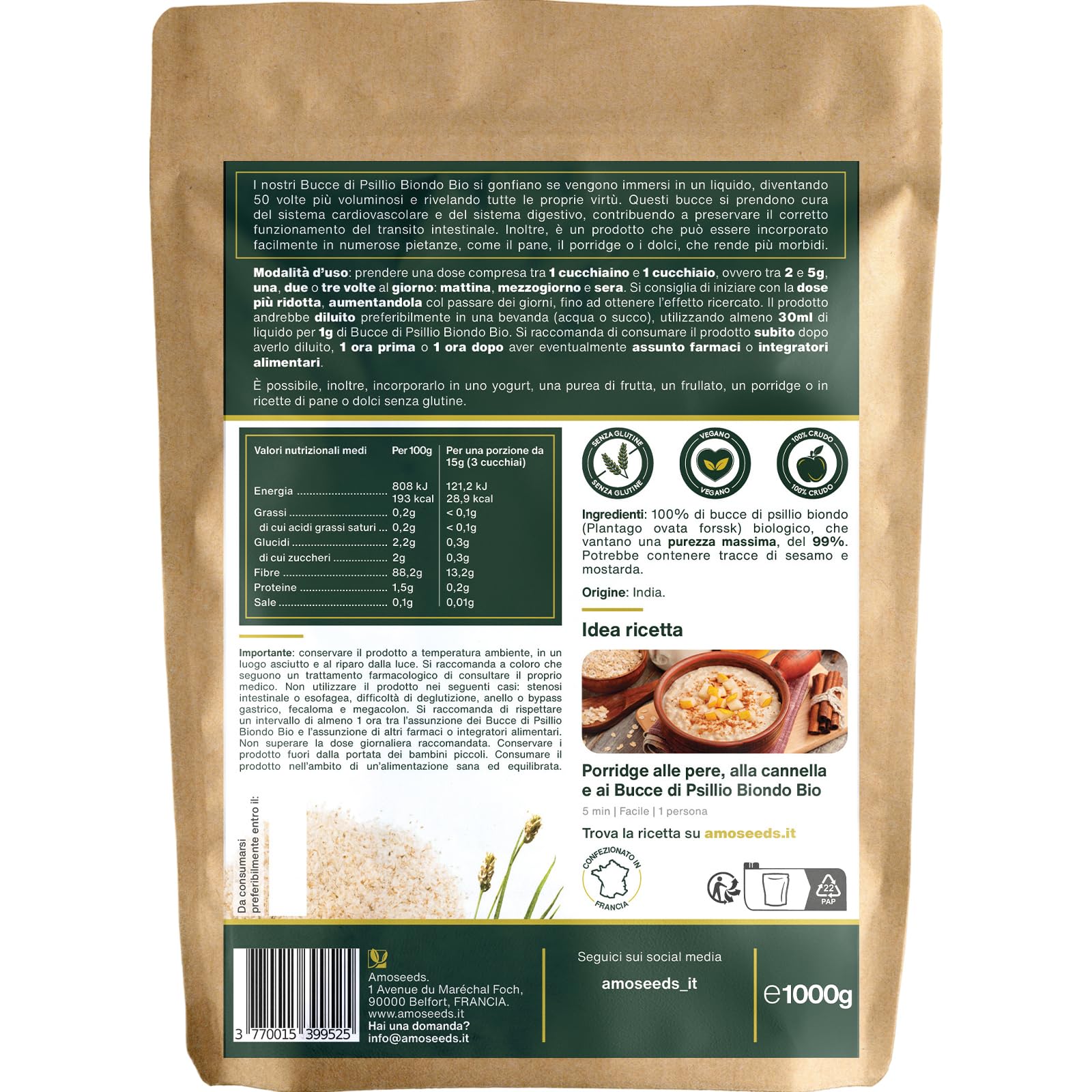 Bucce di Psillio Biondo BIO 1KG | Purezza Massima 99% | Psilio Indiano, Naturale, Puro, Ricco di Fibre | Transito, Digestione, Senza Glutine | Qualità Superiore (1kg)