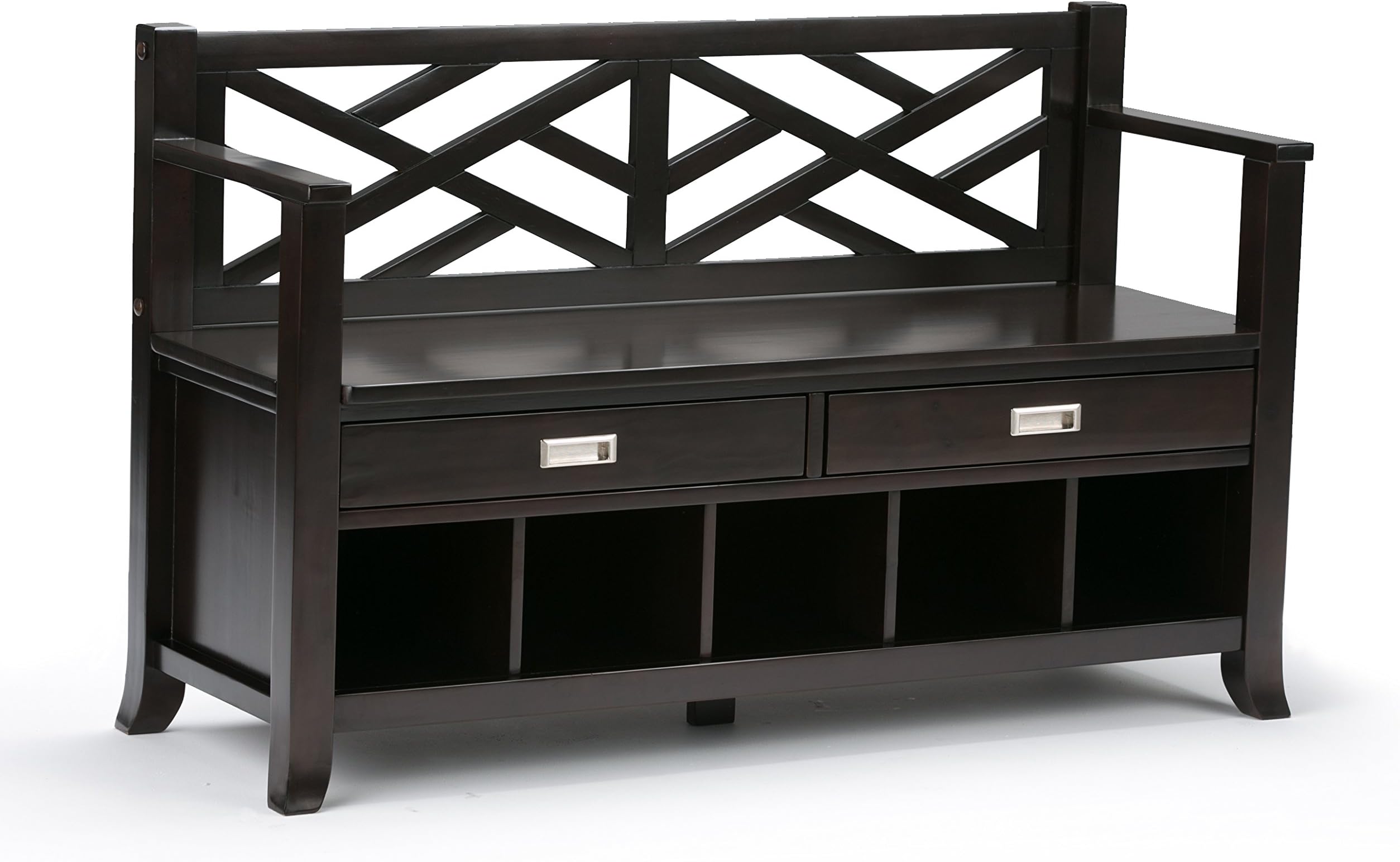 SIMPLIHOME Sea SOLID WOOD 48 inch Wide Entryway Storage Bench with Two Drawers with Metal Drawer Glides and Five Shoe Storage Cubbies, Multifunctional Transitional in Espresso Brown