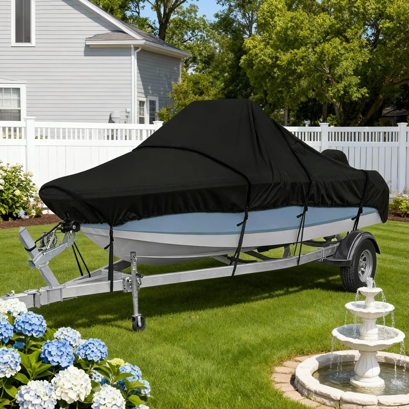 Ergocar Bootsabdeckung 600D Strapazierfähiges Oxford-Gewebe V-Rumpf Winddicht wasserdichte Gurte Mit Aufbewahrungstasche Geeignet Für Boote Von 17 Bis 19 Fuß