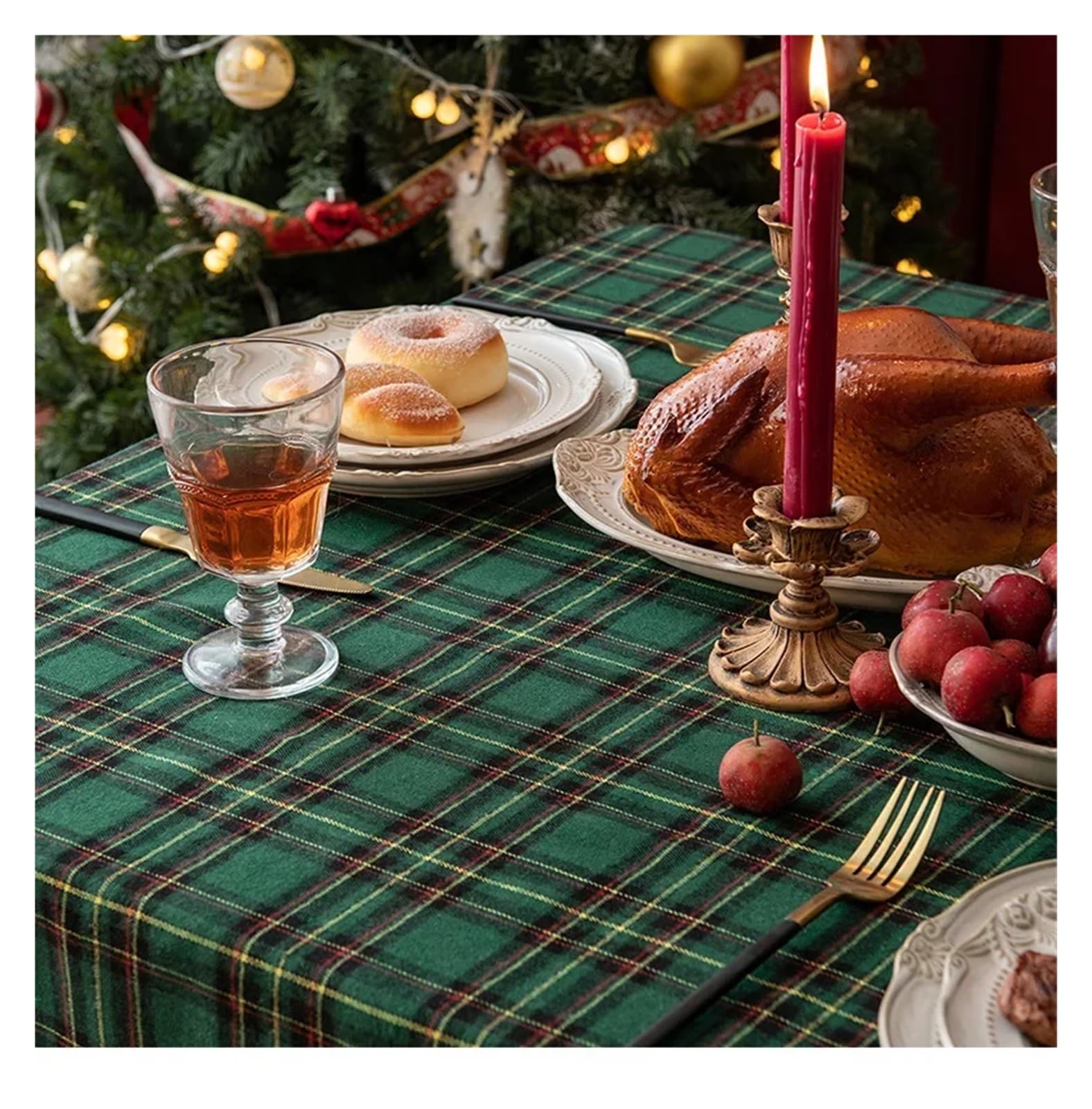 Mantel de Navidad Christmas Tablecloth Green Plaid Snowflake Cotton Linen Rectangular Table Cover Navidad Noel New Year Dining Decor(Green Snow Flower Gr,100x140cm)