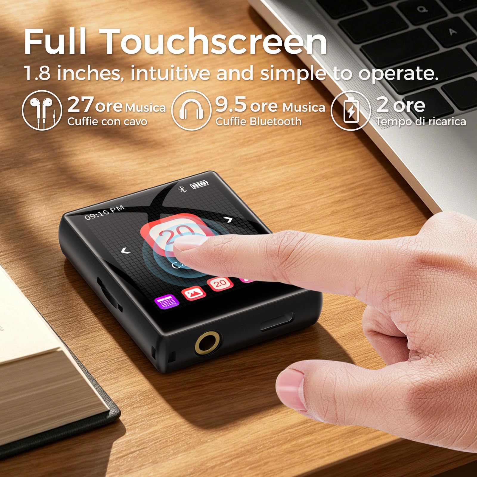 64GB Lettore MP3 con Bluetooth 5.3, lettore MP3 con touchscreen da 1,8 pollici e altoparlante, suono HiFi, radio FM, ebook, registratore, mini lettore musicale, fino a 128GB (nero, solo 55g)