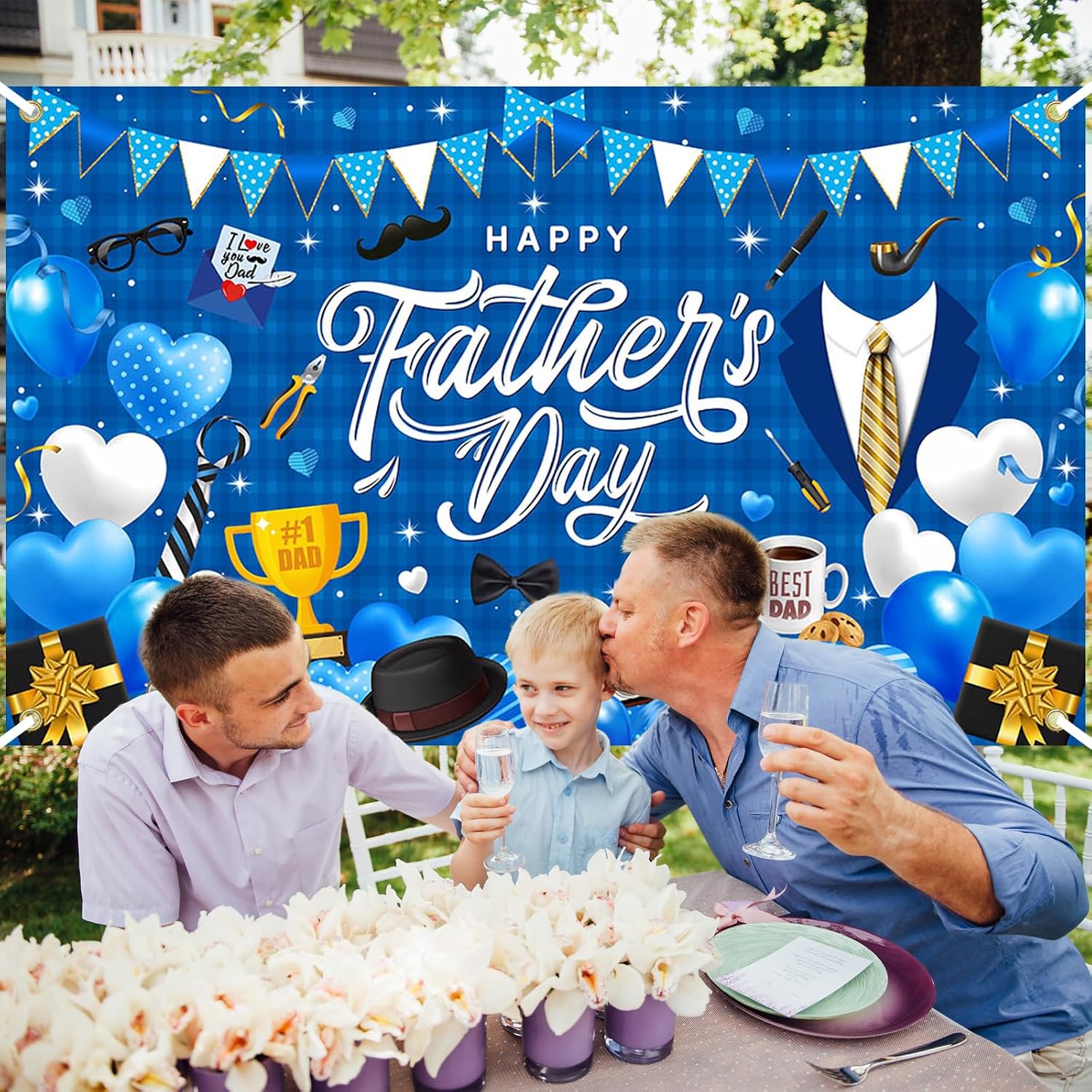 Avezano Happy Father's Day Banner Happy Fathers Day Decorations for Party Blue Happy Fathers Day Backdrops for Photography Best Dad Party Banner for Indoor Outdoor Decor (6x3.6ft)