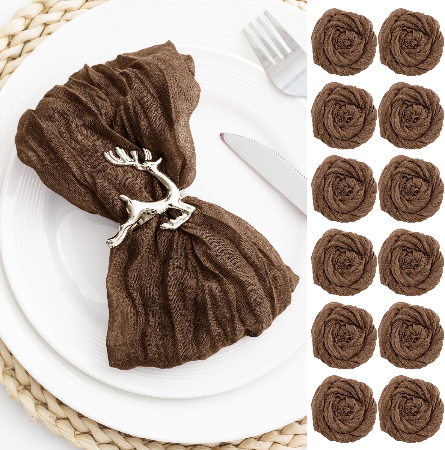 Brown 60 Pack Cheesecloth Napkins Washable 21x21 Inches Brown Cloth Napkins Set of 60 Dinner Table Napkins for Wedding Summer Bridal Baby Shower Rustic Boho Cotton Gauze Party Table Decor