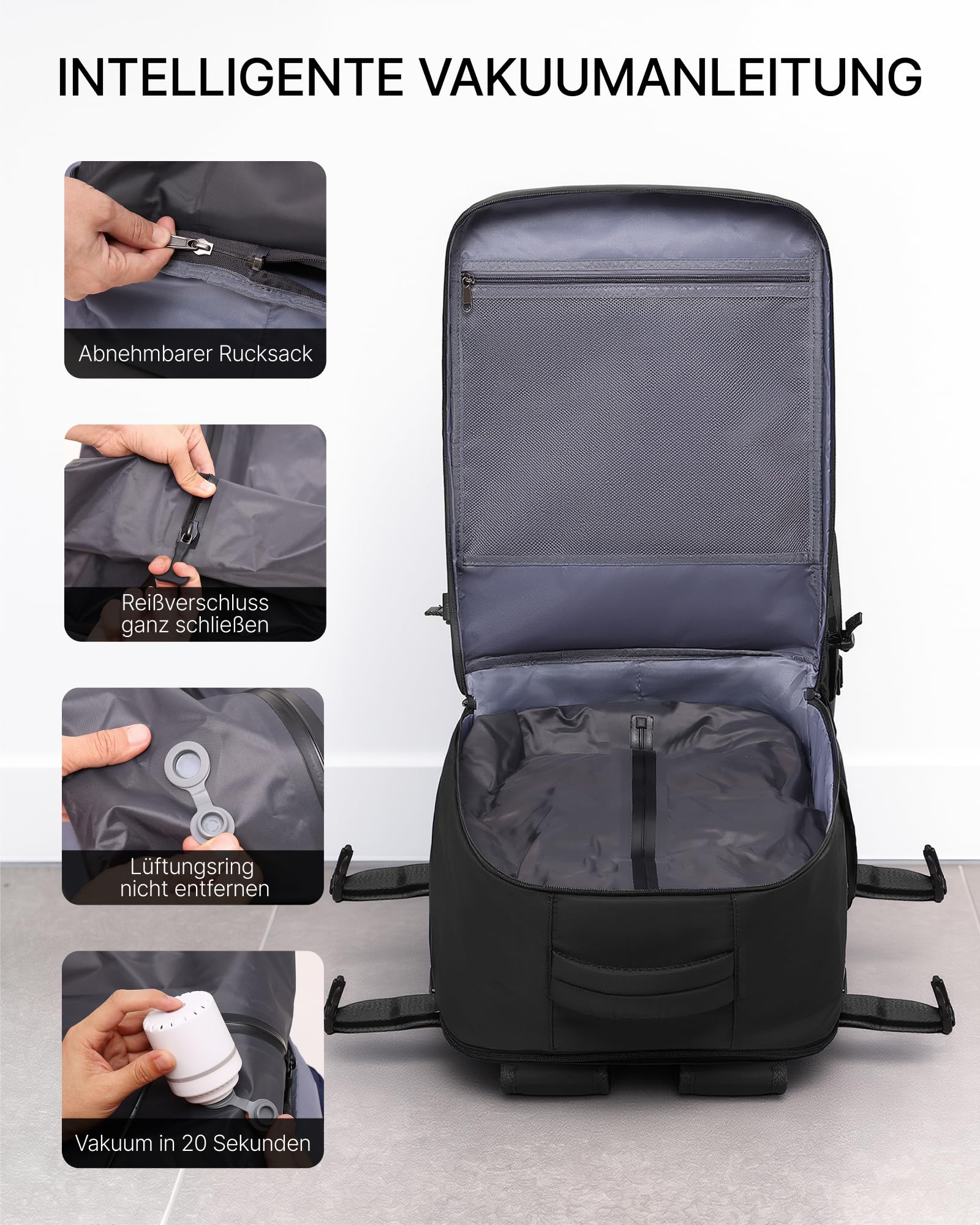 COOLIFE Vakuum Rucksack Handgepäck 45x36x20 EasyJet Eurowings Vakuumpumpe | Abnehmb.Vakuumbeutel, 50% mehrPlatz, Laptopfach 17 Zoll – Business Trip, Wochenendtrip & Meeting für Damen Herren
