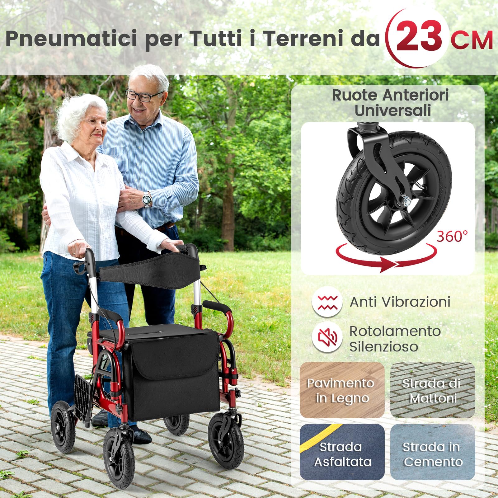 RELAX4LIFE 2 in 1 Deambulatore per Anziani, Sedia a Rotelle, Deambulatore con Seduta e 4 Ruote, Rollator Pieghevole in Alluminio Leggero, Portata Massima 140KG (Rosso, 74 x 64 x 89-101,5 cm)
