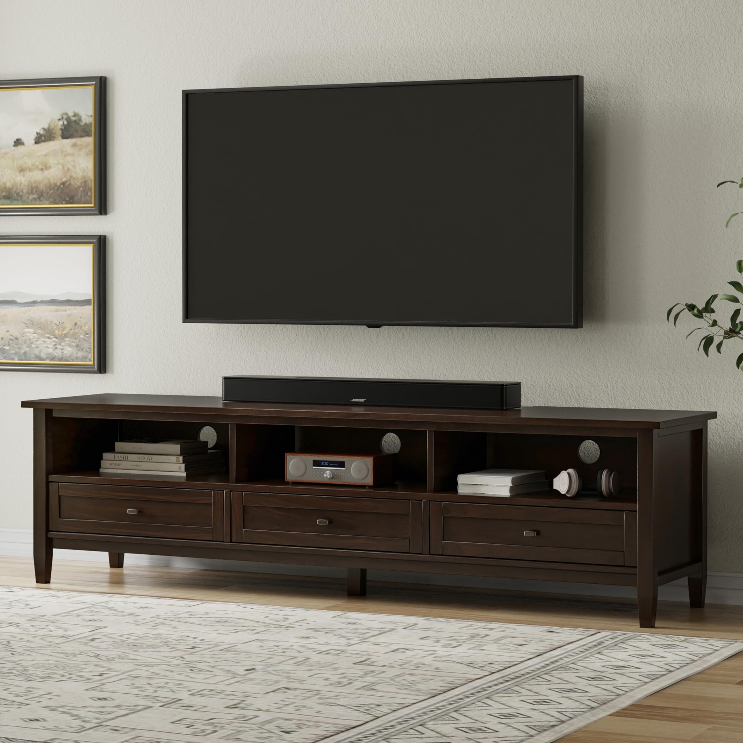 SIMPLIHOME Warm Shaker Solid Wood 72 inch Wide Transitional TV Media Stand in Tobacco Brown for TVs up to 80 inches for The Living Room and Entertainment Center