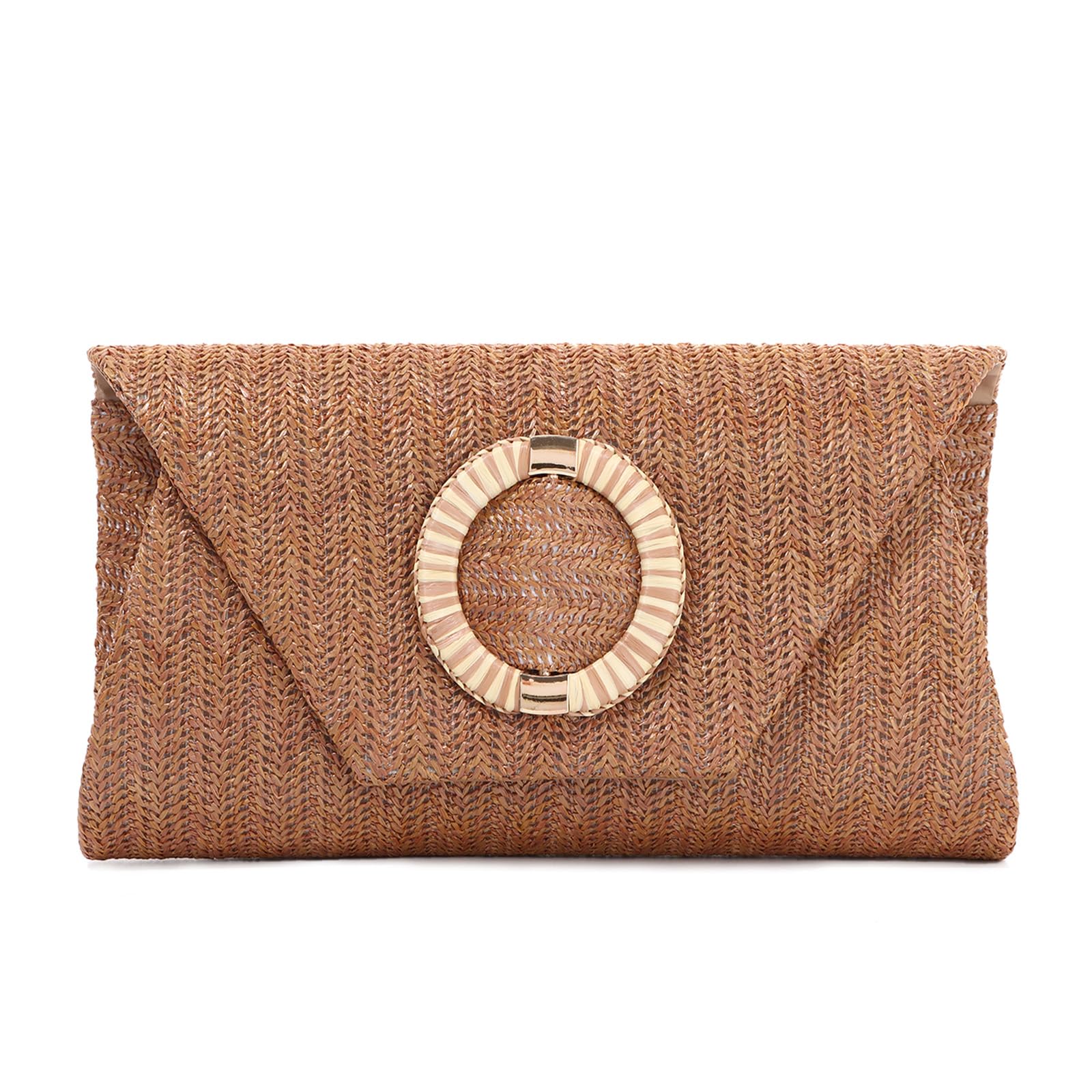 BWBIKE Sac à Main Pochette Tissé en Raphia pour Femme - Élégant Sac à Bandoulière en Paille pour l’été, la Plage, les Mariages et les Fêtes Formelles, Sac à Main Enveloppe Avec Chaîne Amovible