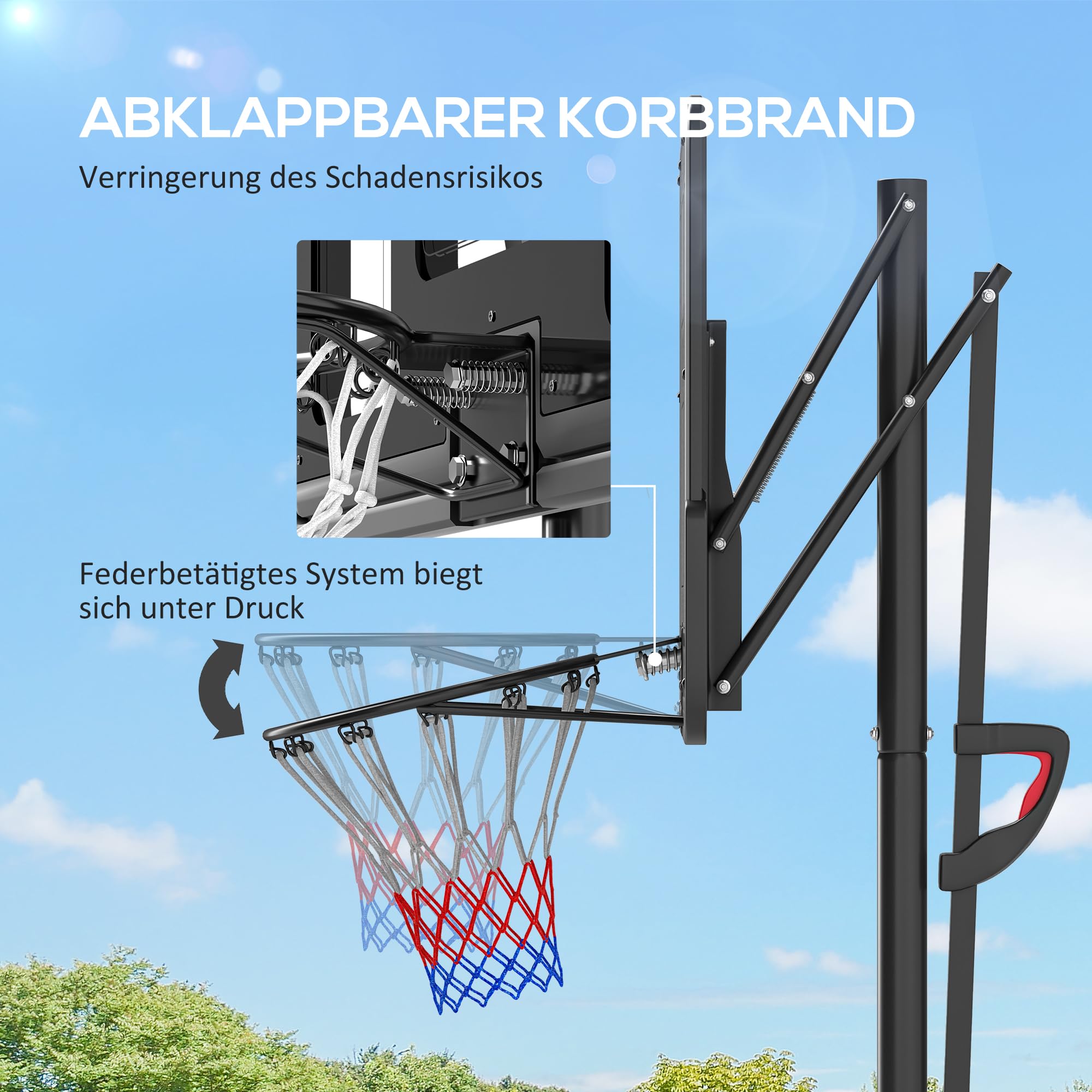 SPORTNOW Basketballkorb Outdoor mit Ständer, 182-213 cm höhenverstellbar Basketballständer mit Rollen, Basketballanlage Standfuß, für Indoor, Outdoor, Stahl, Schwarz