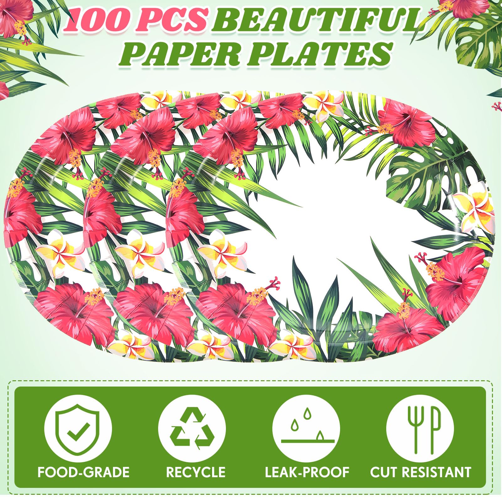 Hawaiianische Luau-Partyzubehör, ovale Pappteller, tropische Luau-Pappteller, 30,5 x 25,4 cm, hawaiianische Blumen, Serviertablett für Sommer, Strand, Geburtstag, Party, Dekorationen, 100