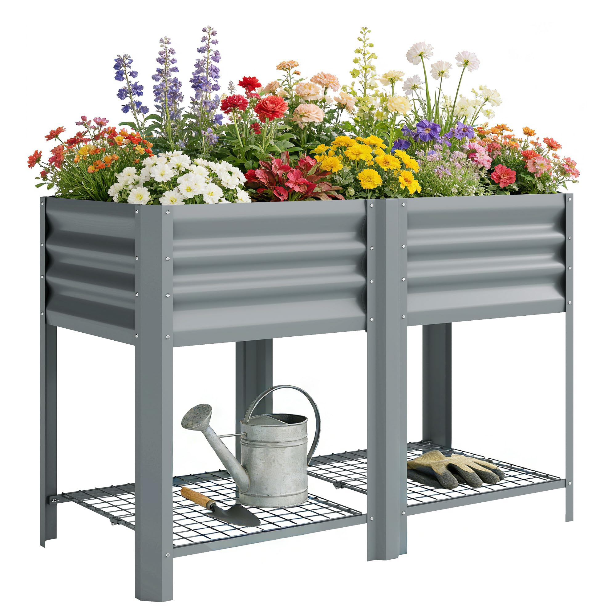 Outsunny Metal Raised Garden Bed with Storage Shelf, Elevated Planter Box with Legs, Bed Liner, Gloves, Raised Planter for Vegetables Flowers Herbs Outdoor