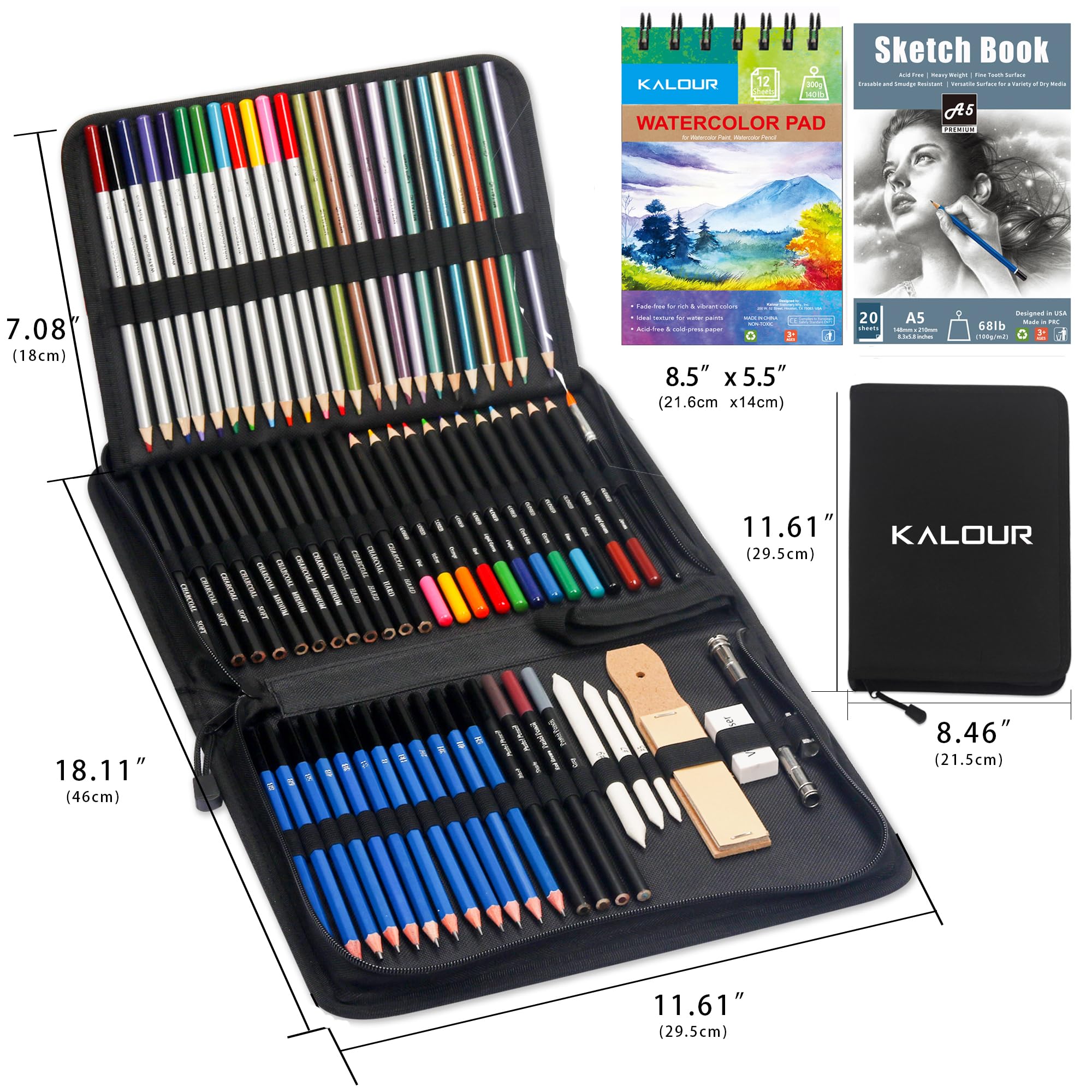 KALOUR 76 Kit di Disegno e Schizzo - Set di Materiali Artistici con Taccuino e Carta Acquerello - Include Tutorial, Matite Pastello, Acquerello, Schizzo, Colorate, Metalliche, Carboncino