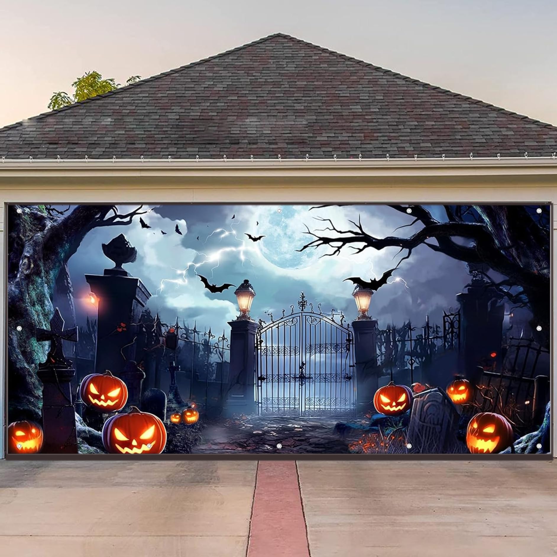 Hperu Halloween Garage Door Decorations, 13x6ft Large Halloween Garage Door Banner, Horror Hanging Backdrop Banner for Spooky Party, Wall Style 1