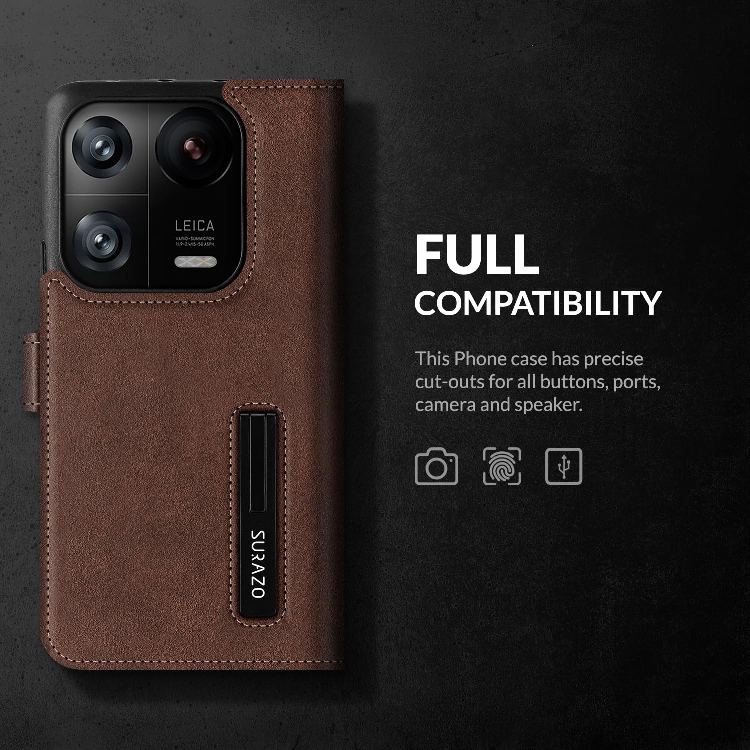 SURAZO Custodia per Xiaomi 12 5G & Xiaomi 12X 5G, in vera pelle, pieghevole, con funzione di supporto, scomparto per carte di credito, protezione RFID, realizzata a mano, in pelle, colore nero