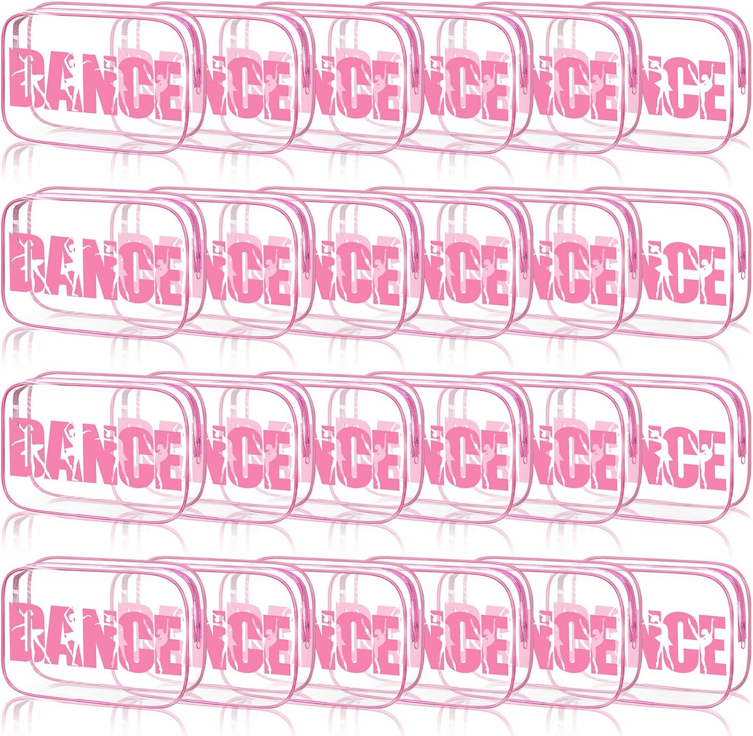 Kacctyen 24 Pcs Dance Makeup Bag Pink Team Gifts Bulk for Ballerina Lover 7 x 4.7 x 2.4 International Dance Day Cosmetic Bag PVC Case Clear Toiletry Pouch for Women Graduation Cheer Cheerleader Gift