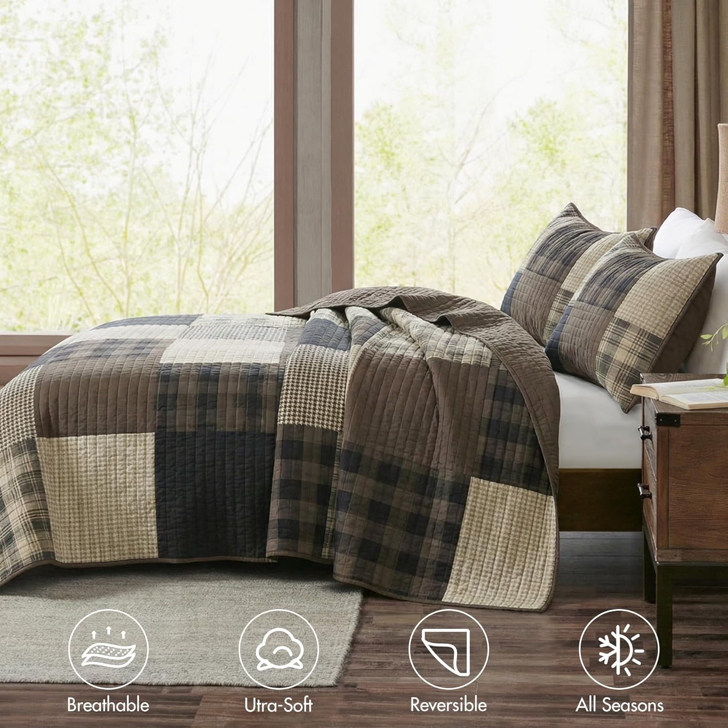 Woolrich Winter Hills Reversible Quilt Set - Cottage Styling Reversed to Solid Color, All Season Lightweight Coverlet, Cozy Bedding Layer, Matching Shams, Oversized Full/Queen, Plaid Tan 3 Piece - Image 4