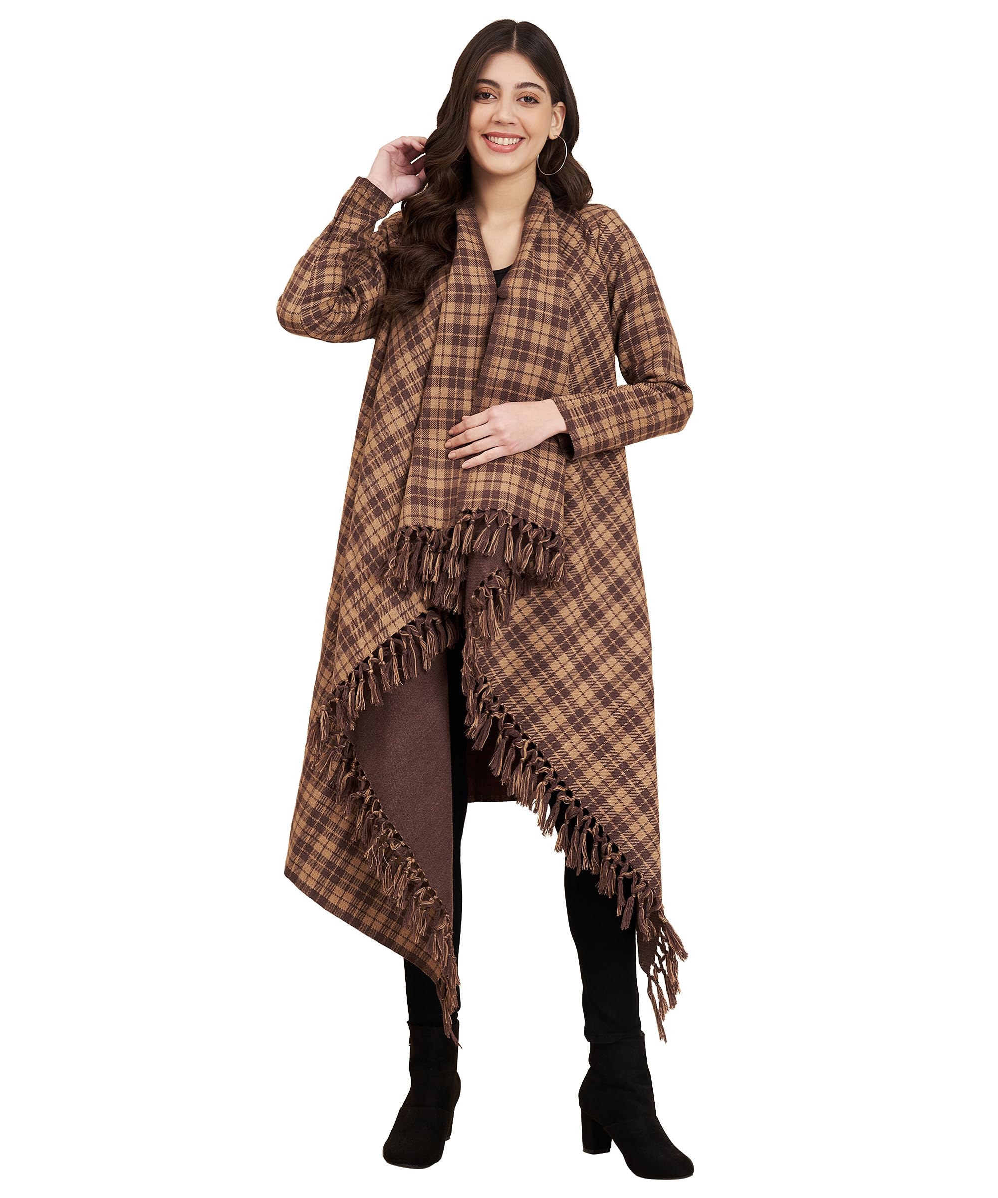 zamour Women's Checkered Weave Woolen Cape, Full Sleeves Woven Shrug Top, One Size Fits All (Medium to Extra Large)-picture-49