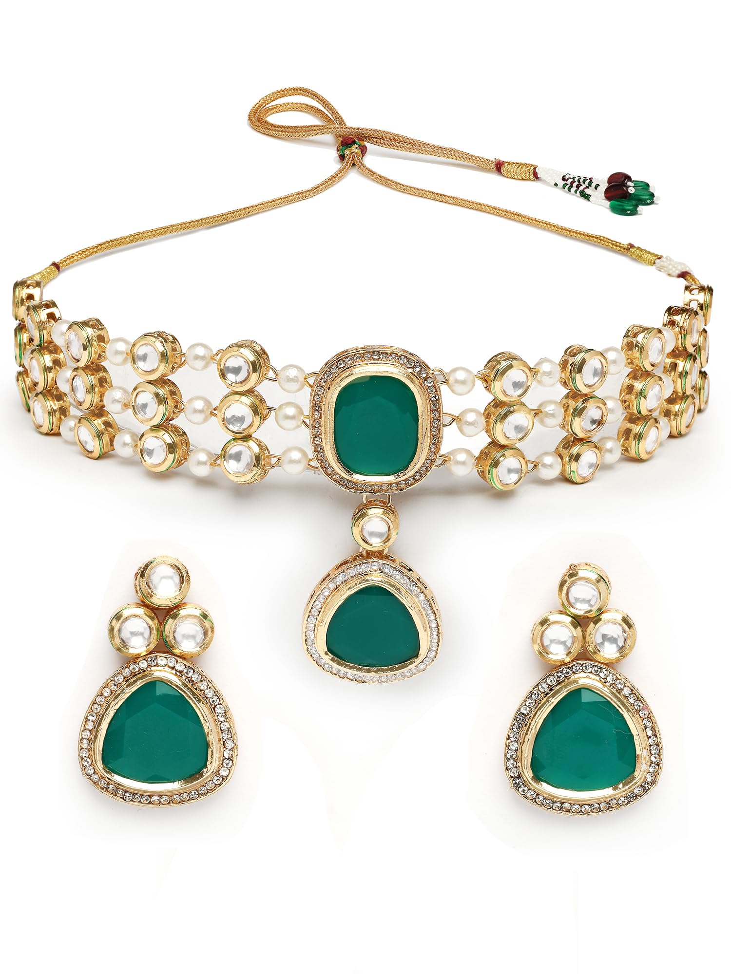 karatcart Green Polki Kundan Choker Necklace Set for Women-picture-4