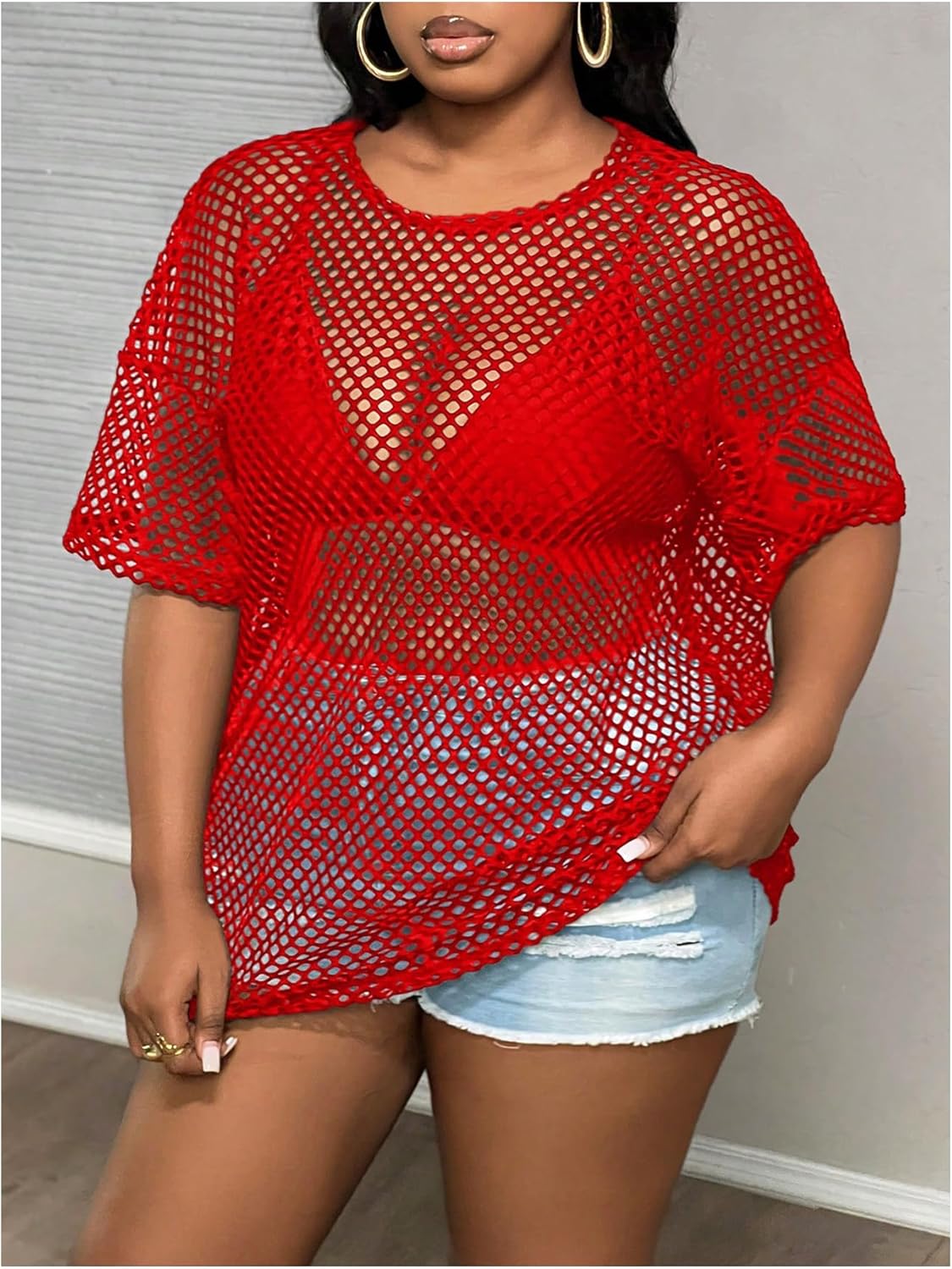 GORGLITTER Women's Plus Size Fishnet Shirt Tops Crochet See Through Short Sleeve Crew Neck Loose Y2K Fish Net Tees Top - Image 3