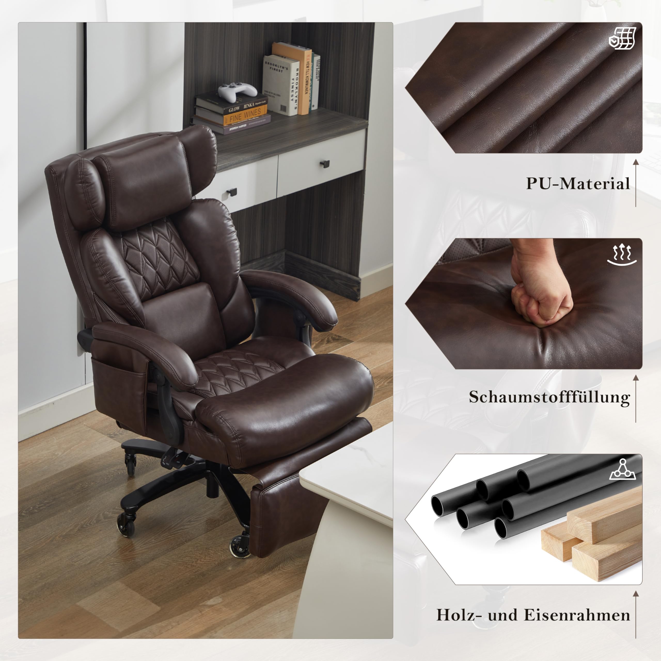 Fotel szefa z funkcją masażu i ogrzewaniem, ergonomiczny fotel biurowy ze skóry PU z podnóżkiem, obracane o 360° krzesło biurowe z regulowanym oparciem, do 150 kg, do biura domowego i biura, brązowy