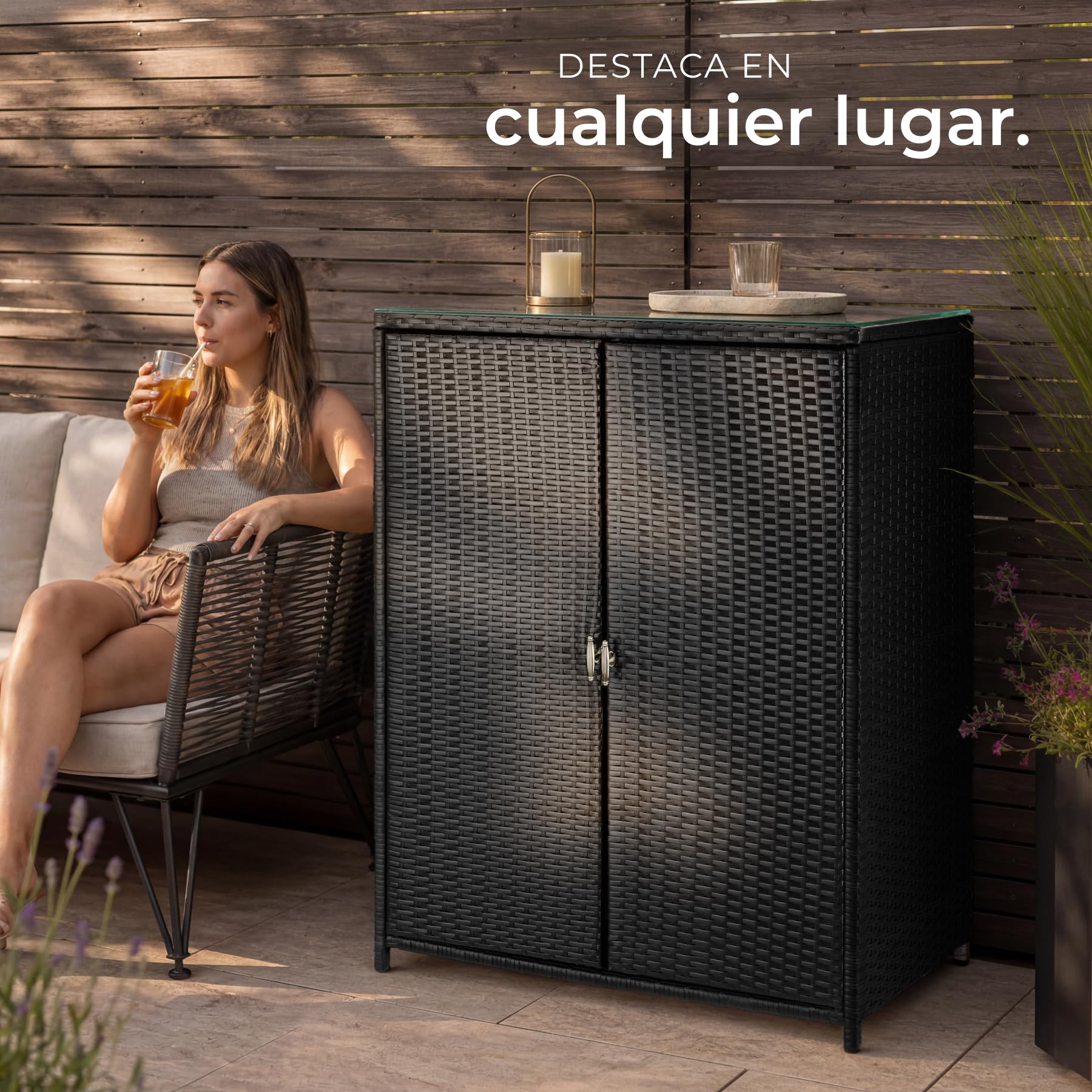 tectake® Armario de Jardín de Ratán, 4 Compartimentos, Estructura de Aluminio Inoxidable, Estantería de Exterior, Mueble Terraza Exterior, Almacenamiento, Armario Multiusos, Armario Jardin - Negro
