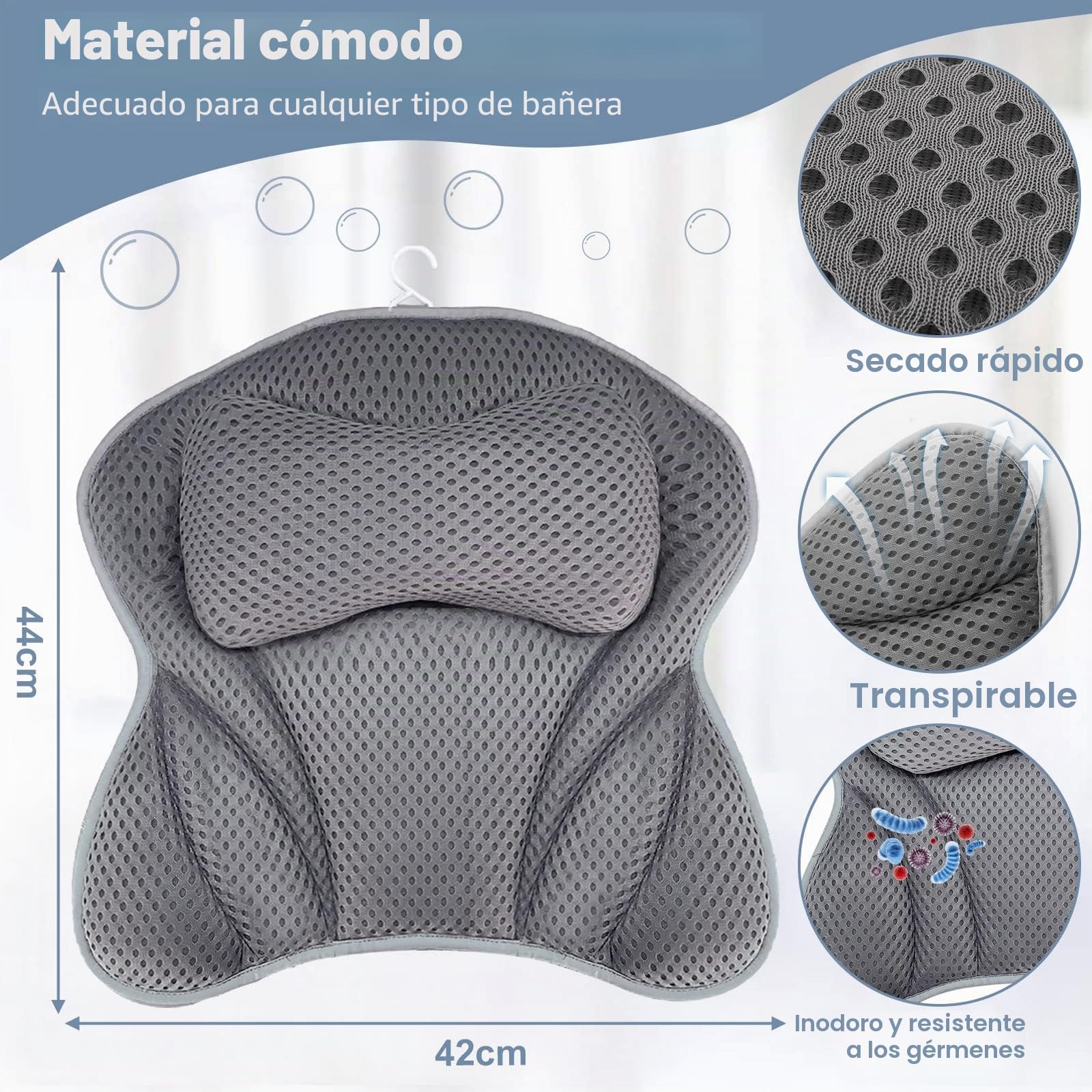 Amzeeniu Almohada de Baño,Nuevo Cojín de Bañocon 6 Ventosas Antideslizantes Tecnología4D Air Mesh Cuello,Hombros y Espalda Soporte para Cabeza para SPA en Casa Bañera de Hidromasaje e Hidromasaje Gris